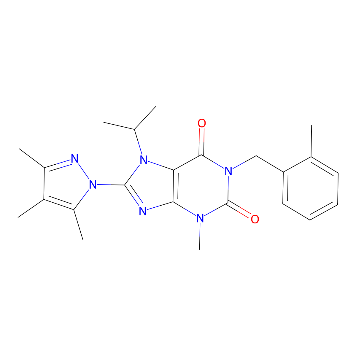 7-isopropyl-3-methyl-1-(2-methylbenzyl)-8-(3,4,5-trimethyl-1H-pyrazol-1-yl)-1H-purine-2,6(3H,7H)-dione molecular structure, CAS 1013992-40-9