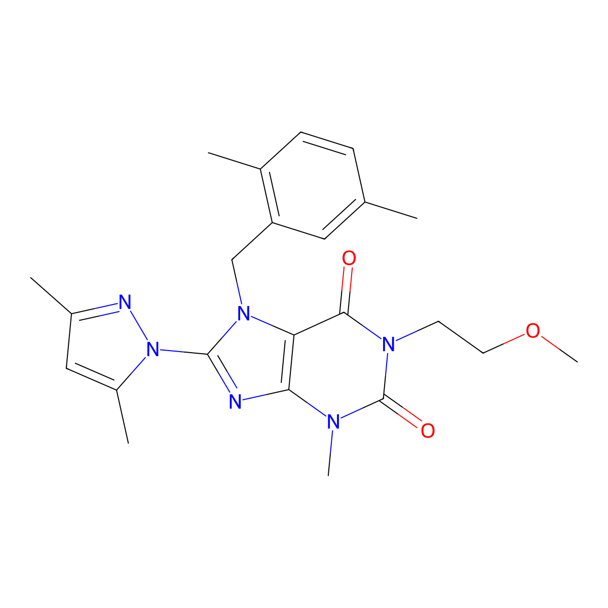 8-(3,5-dimethyl-1H-pyrazol-1-yl)-7-(2,5-dimethylbenzyl)-1-(2-methoxyethyl)-3-methyl-1H-purine-2,6(3H,7H)-dione molecular structure, CAS 1013992-43-2