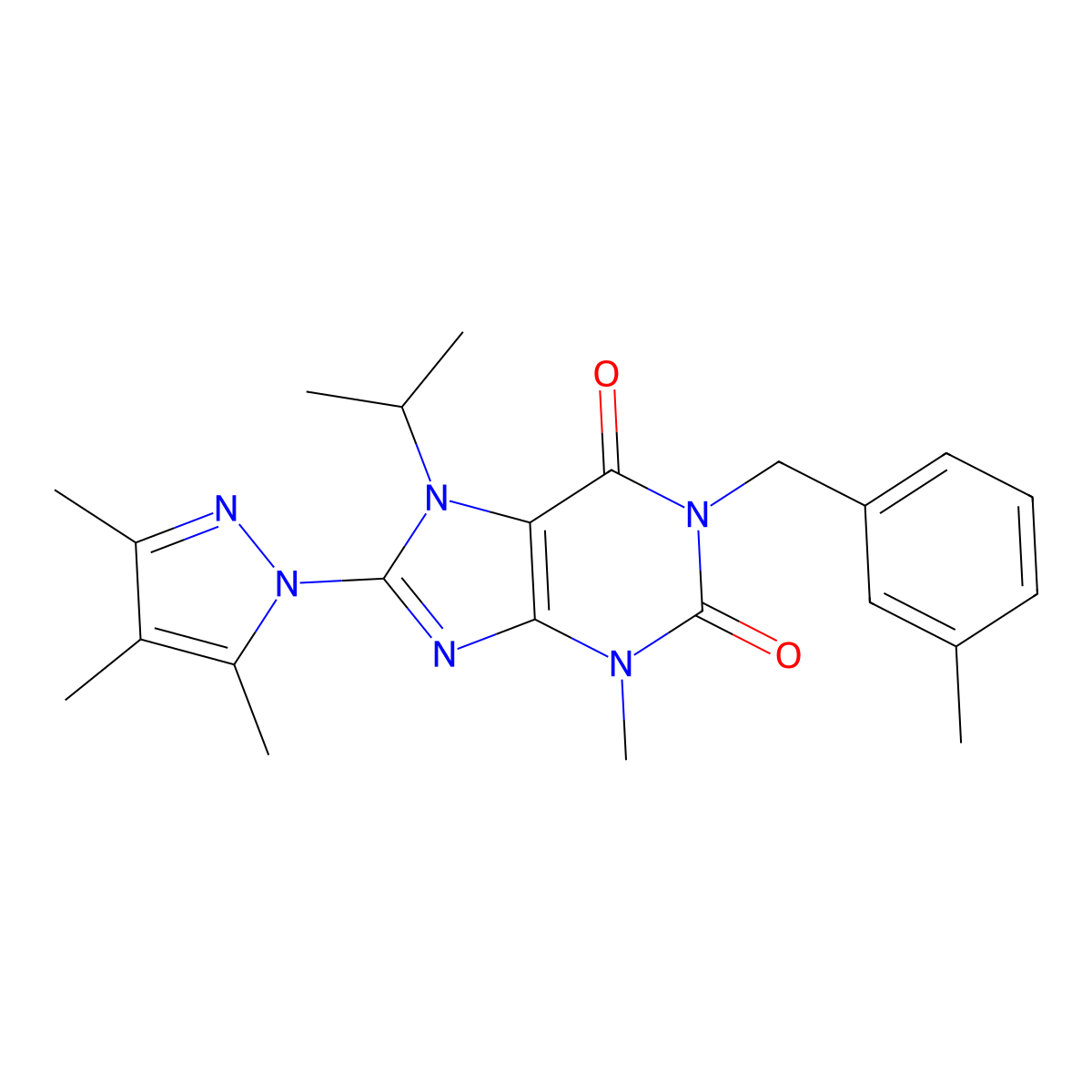 7-isopropyl-3-methyl-1-(3-methylbenzyl)-8-(3,4,5-trimethyl-1H-pyrazol-1-yl)-1H-purine-2,6(3H,7H)-dione molecular structure, CAS 1013992-50-1