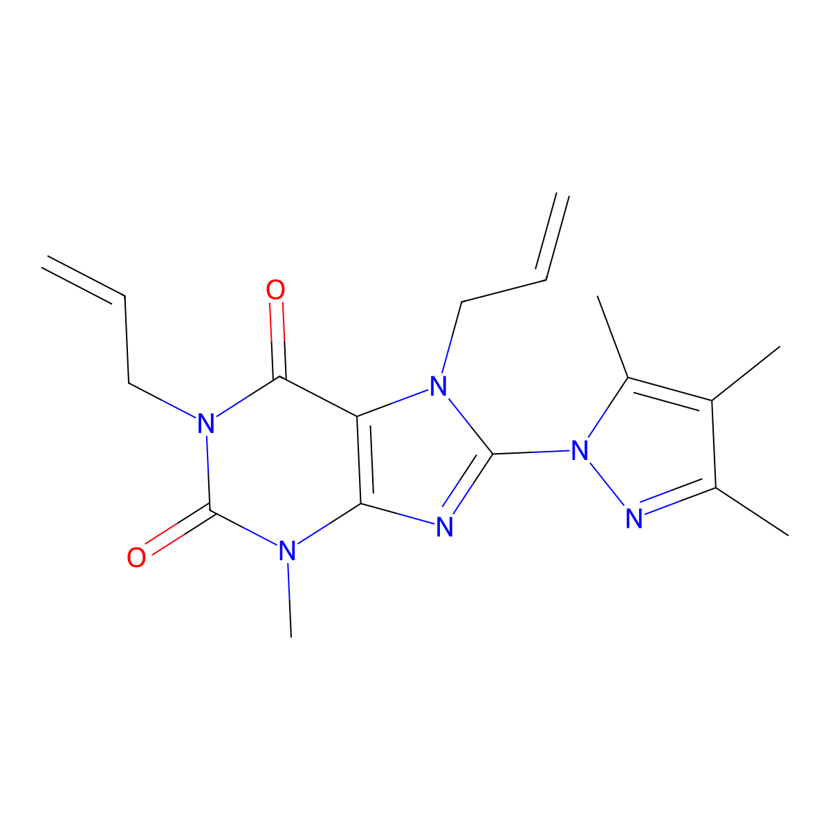 3-Methyl-1,7-bis(prop-2-enyl)-8-(3,4,5-trimethylpyrazol-1-yl)purine-2,6-dione molecular structure, CAS 1013992-61-4