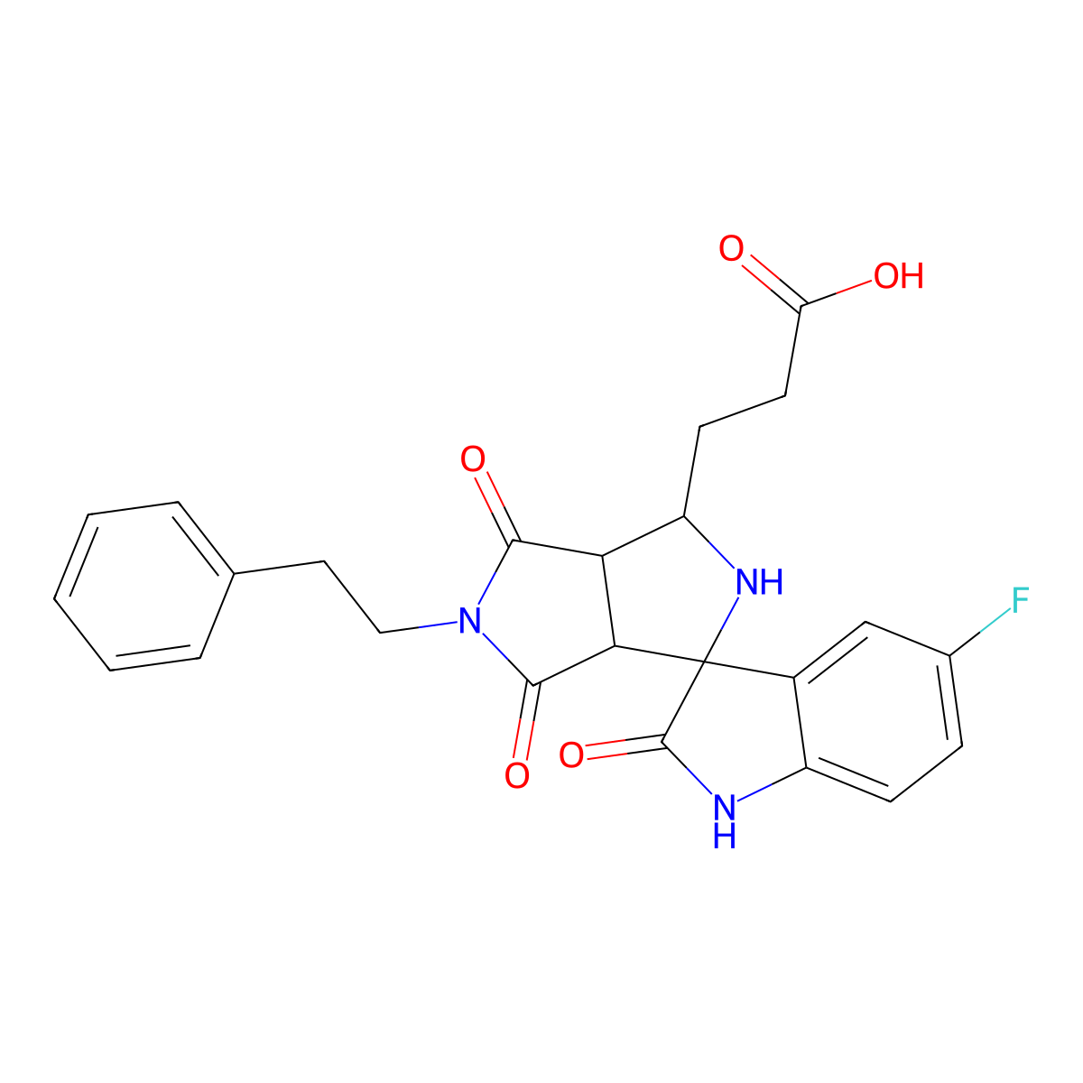 3-[(3aR,6aS)-5'-fluoro-2',4,6-trioxo-5-(2-phenylethyl)spiro[1,2,3a,6a-tetrahydropyrrolo[3,4-c]pyrrole-3,3'-1H-indole]-1-yl]propanoic acid molecular structure, CAS 1014001-07-0