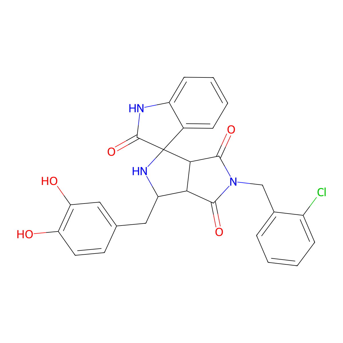 (3aR,6aS)-5-[(2-chlorophenyl)methyl]-1-[(3,4-dihydroxyphenyl)methyl]spiro[1,2,3a,6a-tetrahydropyrrolo[3,4-c]pyrrole-3,3'-1H-indole]-2',4,6-trione molecular structure, CAS 1014001-54-7