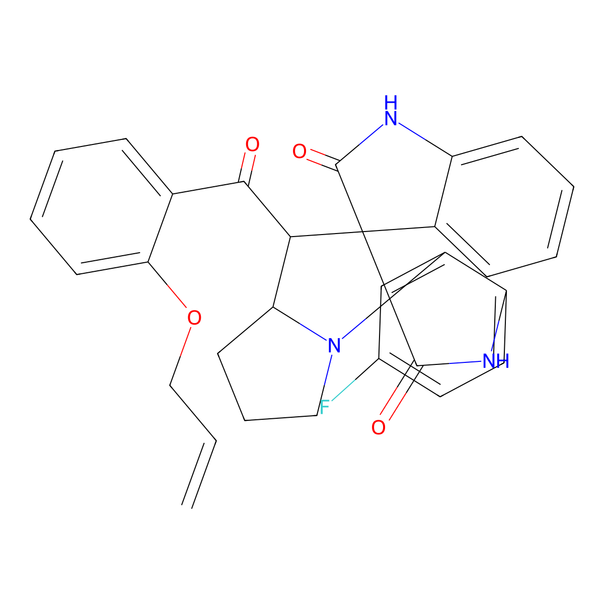 (1'S,3R,3'S,7a'S)-5''-fluoro-1'-{[2-(prop-2-en-1-yloxy)phenyl]carbonyl}-5',6',7',7a'-tetrahydro-1'H-dispiro[indole-3,2'-pyrrolizine-3',3''-indole]-2,2''(1H,1''H)-dione molecular structure, CAS 1014001-85-4