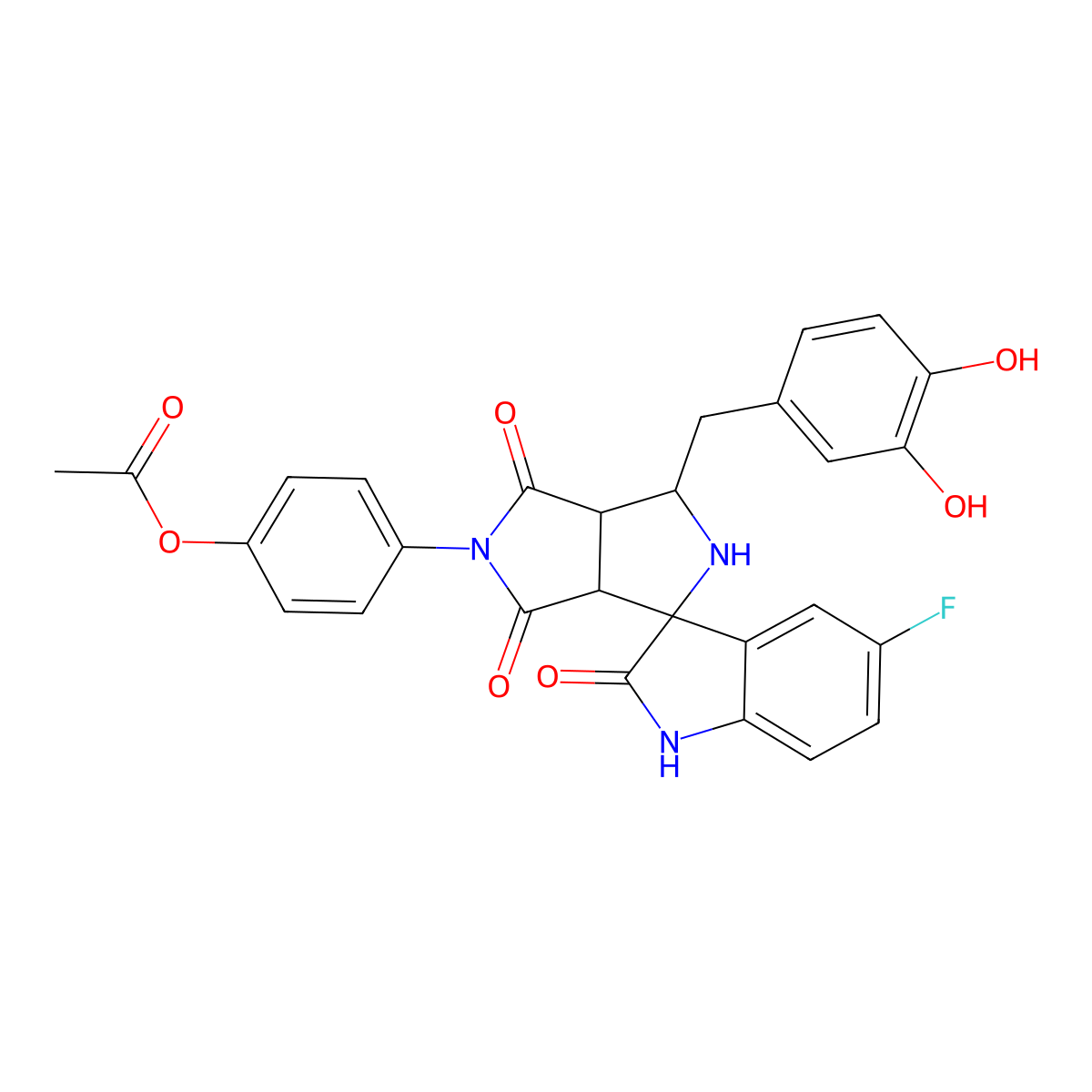 [4-[(3aR,6aS)-1-[(3,4-dihydroxyphenyl)methyl]-5'-fluoro-2',4,6-trioxospiro[1,2,3a,6a-tetrahydropyrrolo[3,4-c]pyrrole-3,3'-1H-indole]-5-yl]phenyl] acetate molecular structure, CAS 1014002-26-6