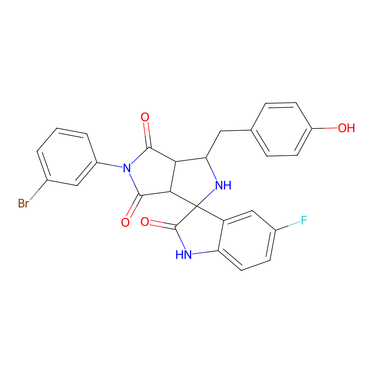 (3aR,6aS)-5-(3-bromophenyl)-5'-fluoro-1-[(4-hydroxyphenyl)methyl]spiro[1,2,3a,6a-tetrahydropyrrolo[3,4-c]pyrrole-3,3'-1H-indole]-2',4,6-trione molecular structure, CAS 1014002-44-8