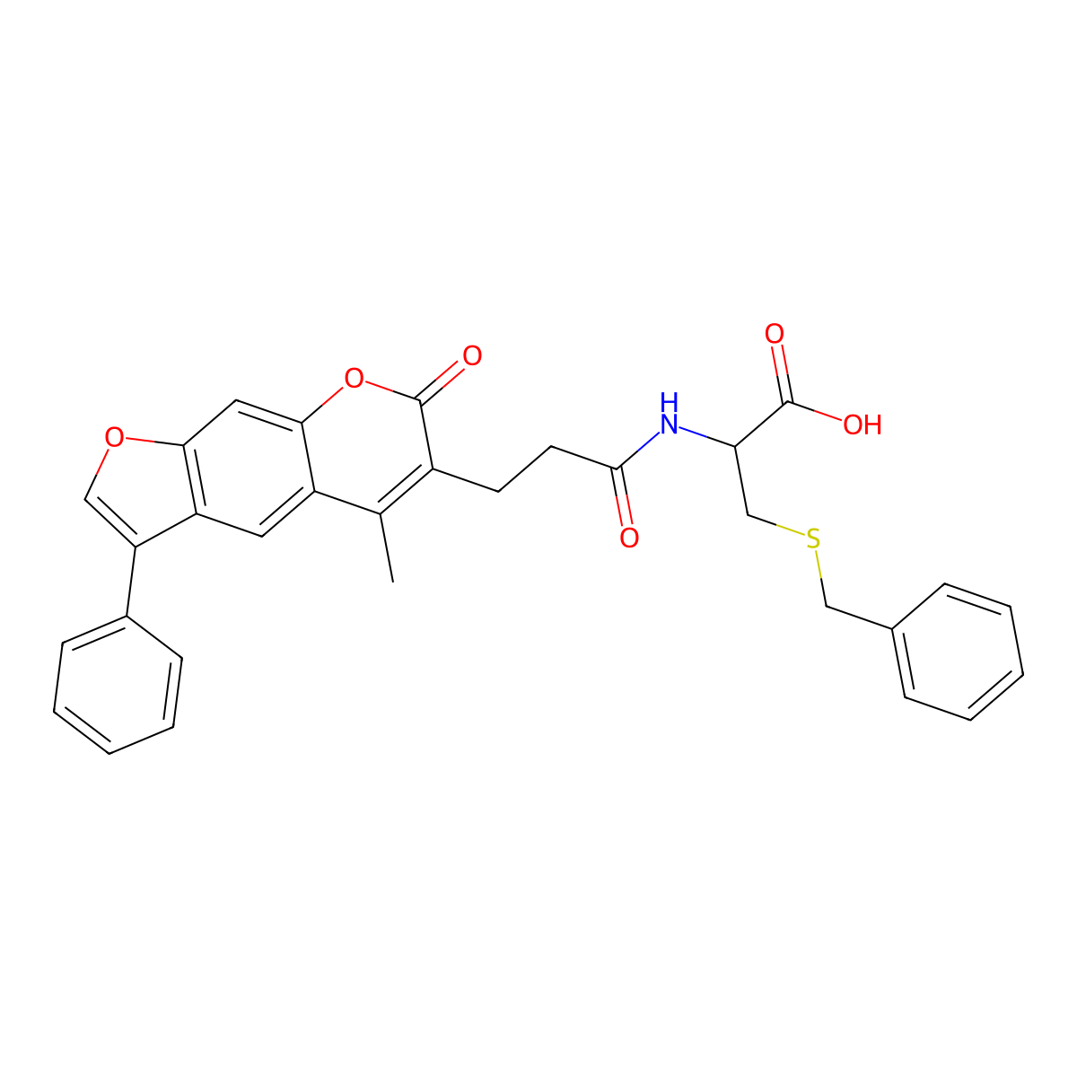 S-benzyl-N-[3-(5-methyl-7-oxo-3-phenyl-7H-furo[3,2-g]chromen-6-yl)propanoyl]-D-cysteine molecular structure, CAS 1014002-97-1