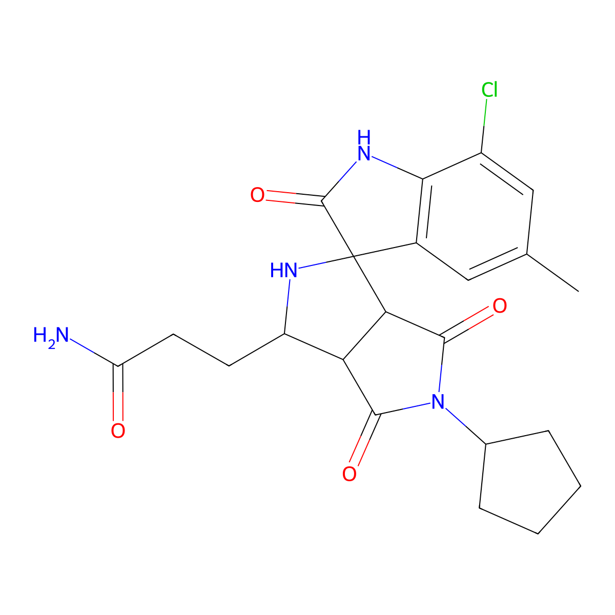 3-[(3aR,6aS)-7'-chloro-5-cyclopentyl-5'-methyl-2',4,6-trioxospiro[1,2,3a,6a-tetrahydropyrrolo[3,4-c]pyrrole-3,3'-1H-indole]-1-yl]propanamide molecular structure, CAS 1014003-35-0
