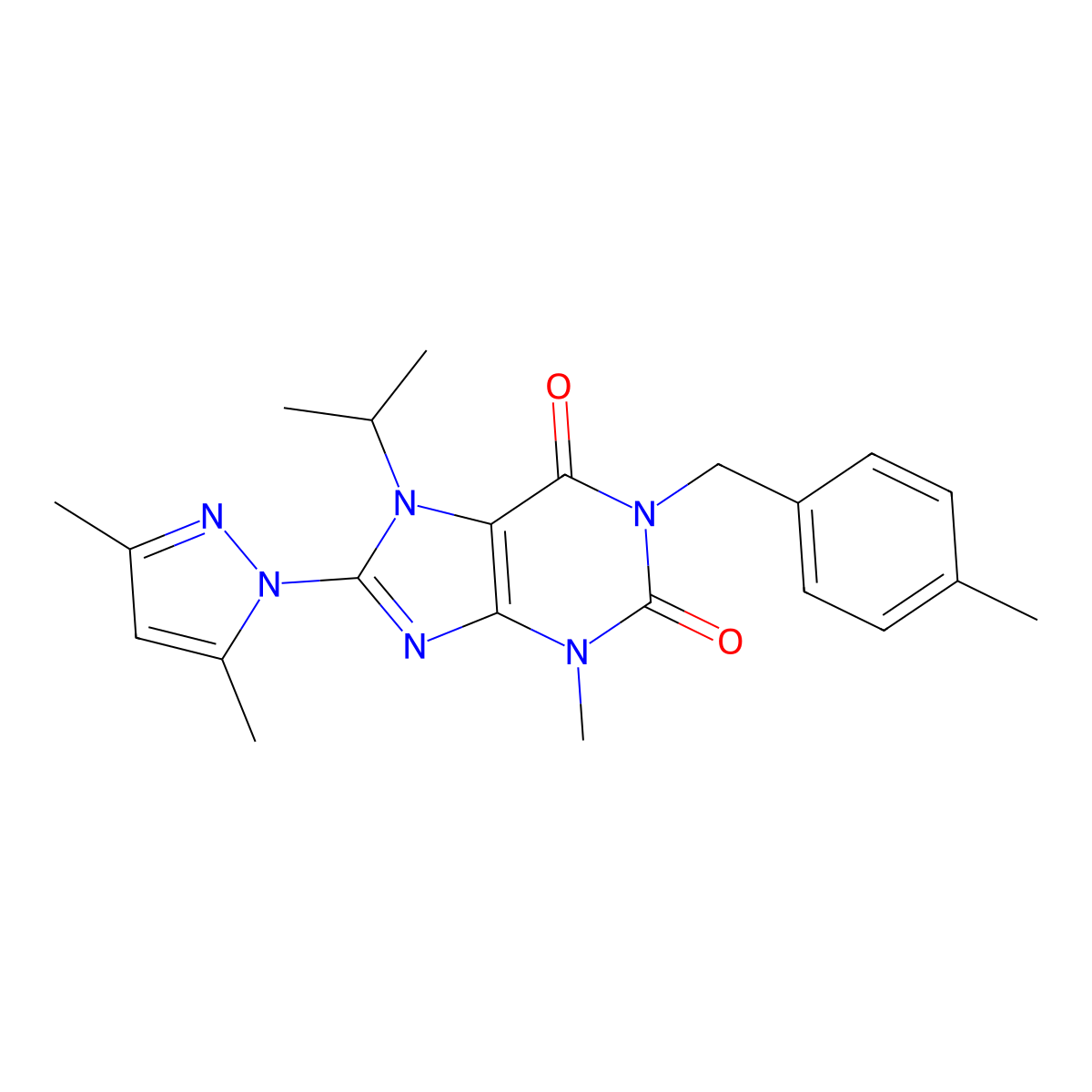 8-(3,5-Dimethylpyrazolyl)-3-methyl-7-(methylethyl)-1-[(4-methylphenyl)methyl]-1,3,7-trihydropurine-2,6-dione molecular structure, CAS 1014008-17-3