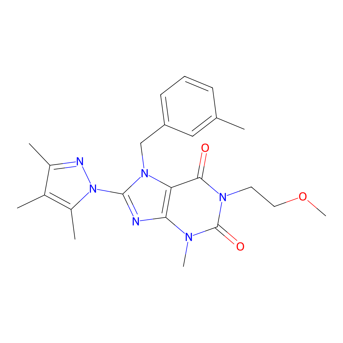 1-(2-methoxyethyl)-3-methyl-7-(3-methylbenzyl)-8-(3,4,5-trimethyl-1H-pyrazol-1-yl)-1H-purine-2,6(3H,7H)-dione molecular structure, CAS 1014008-23-1