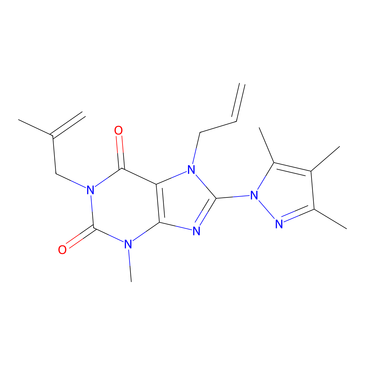 3-methyl-1-(2-methylprop-2-en-1-yl)-7-(prop-2-en-1-yl)-8-(3,4,5-trimethyl-1H-pyrazol-1-yl)-2,3,6,7-tetrahydro-1H-purine-2,6-dione molecular structure, CAS 1014008-49-1