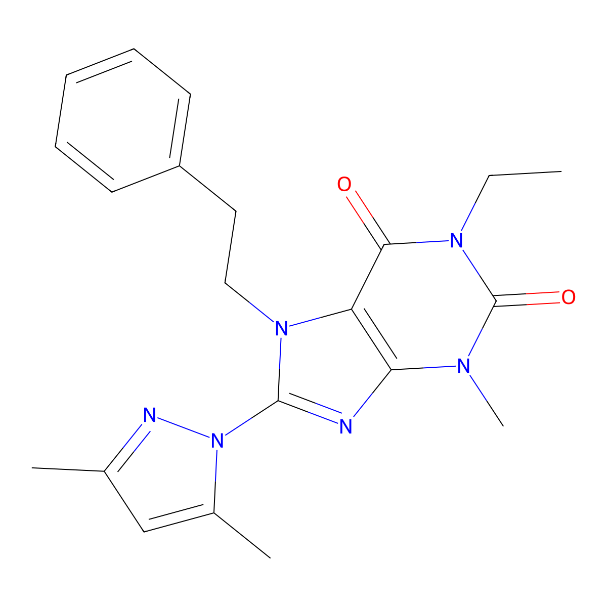 8-(3,5-dimethyl-1H-pyrazol-1-yl)-1-ethyl-3-methyl-7-phenethyl-1H-purine-2,6(3H,7H)-dione molecular structure, CAS 1014008-58-2