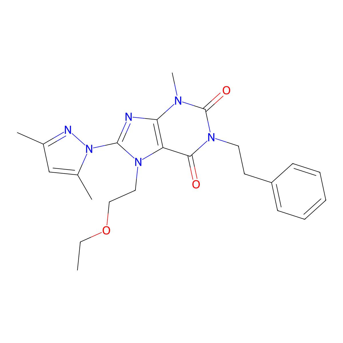 8-(3,5-dimethyl-1H-pyrazol-1-yl)-7-(2-ethoxyethyl)-3-methyl-1-phenethyl-1H-purine-2,6(3H,7H)-dione molecular structure, CAS 1014008-81-1
