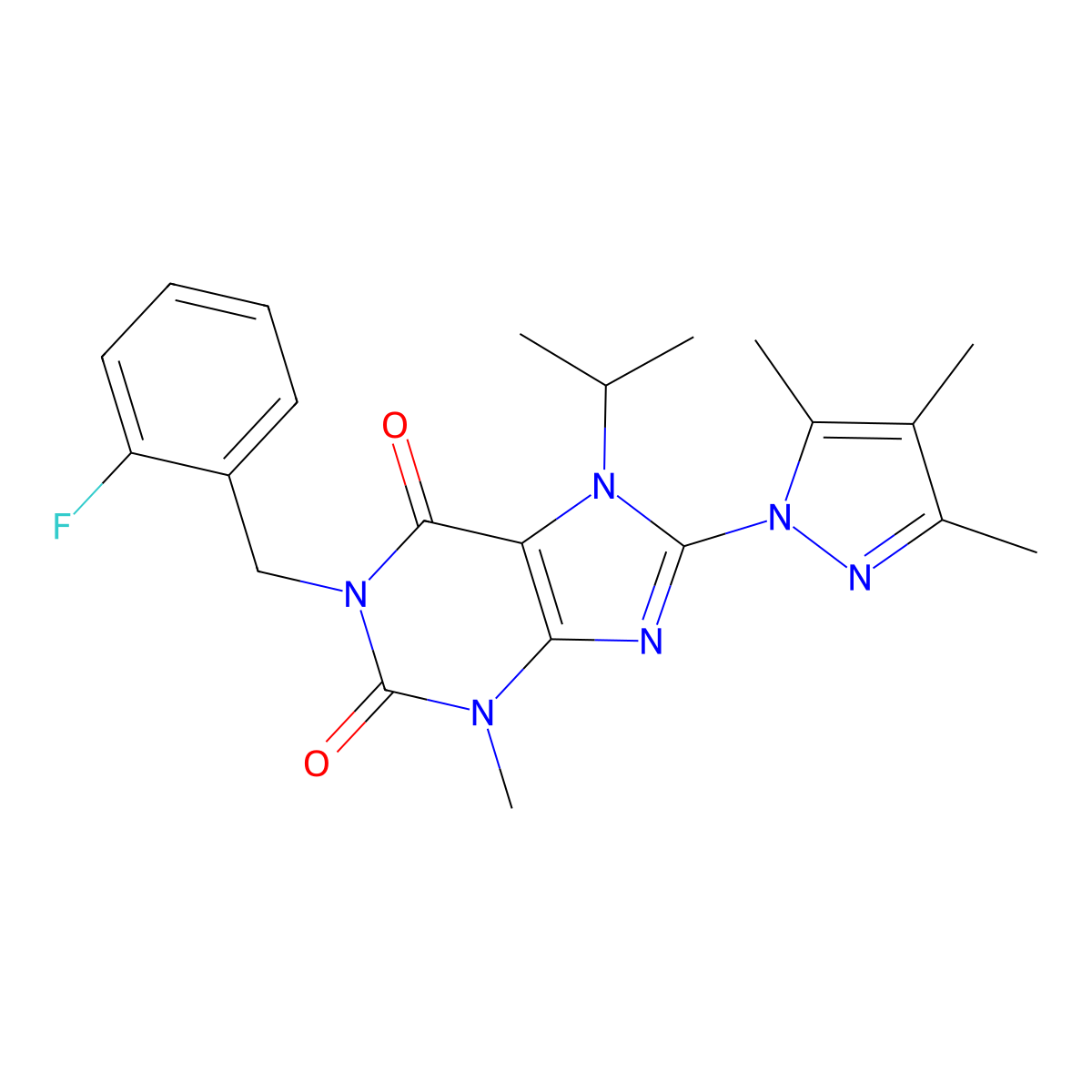 1-(2-fluorobenzyl)-7-isopropyl-3-methyl-8-(3,4,5-trimethyl-1H-pyrazol-1-yl)-1H-purine-2,6(3H,7H)-dione molecular structure, CAS 1014008-96-8