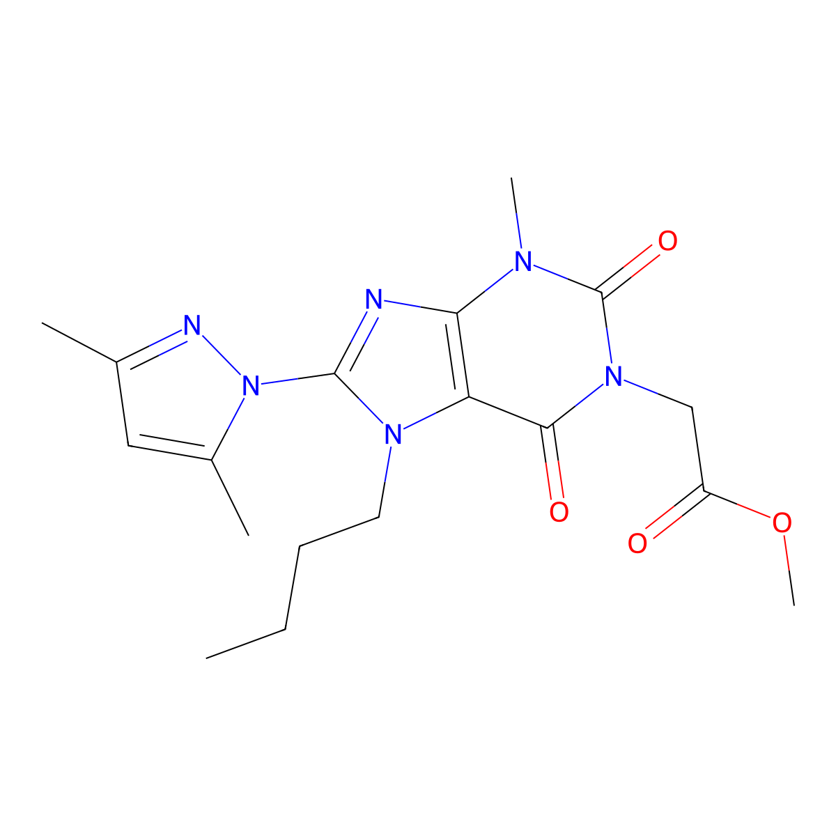 methyl 2-(7-butyl-8-(3,5-dimethyl-1H-pyrazol-1-yl)-3-methyl-2,6-dioxo-2,3,6,7-tetrahydro-1H-purin-1-yl)acetate molecular structure, CAS 1014009-00-7