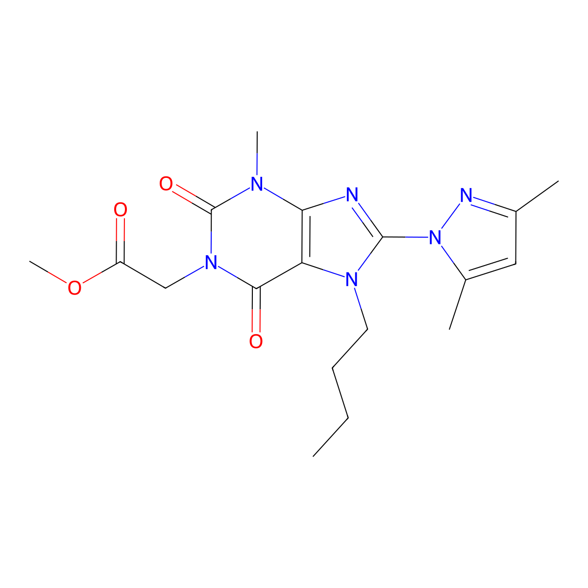 methyl 2-(7-butyl-8-(3,5-dimethyl-1H-pyrazol-1-yl)-3-methyl-2,6-dioxo-2,3,6,7-tetrahydro-1H-purin-1-yl)acetate molecular structure, CAS 1014009-00-7