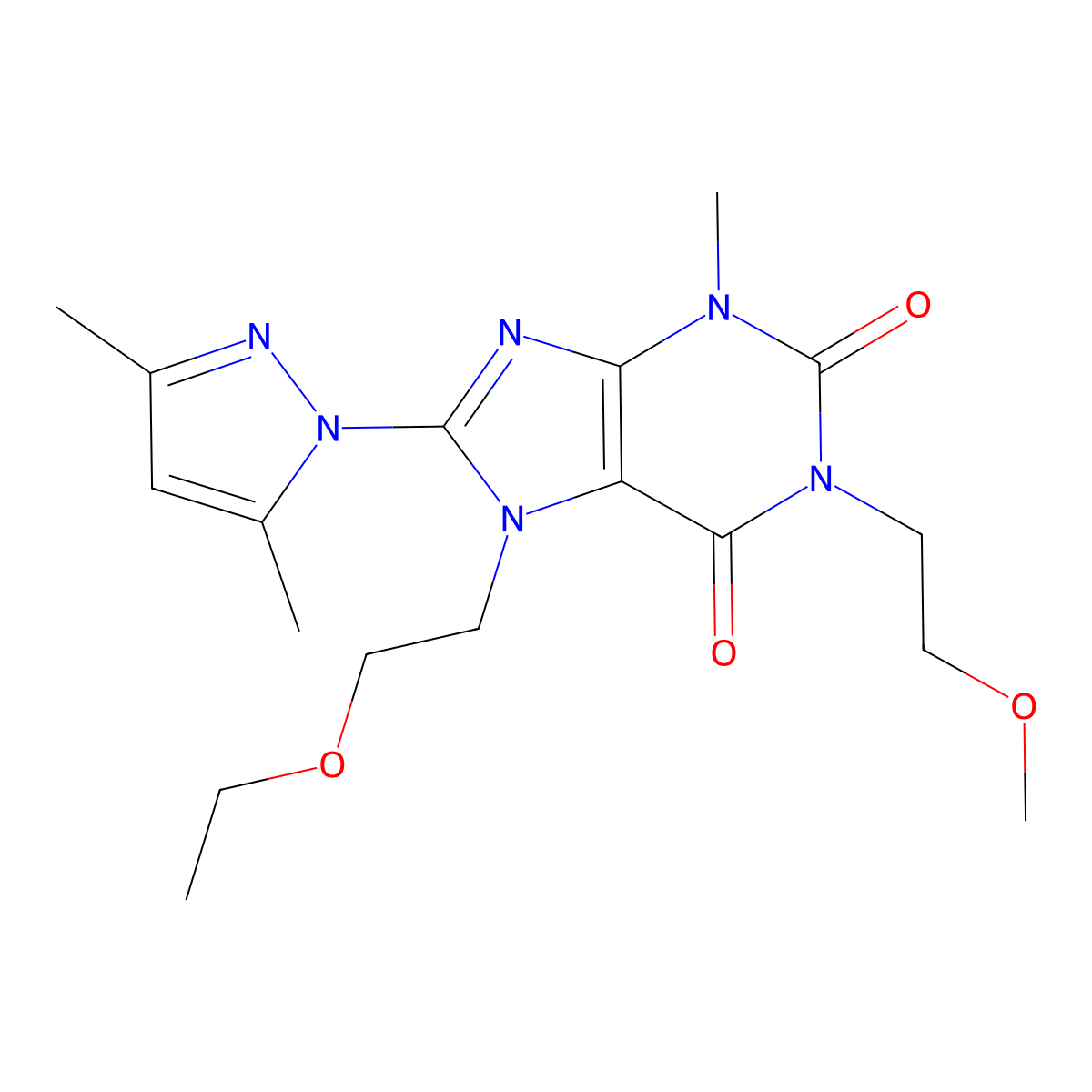 8-(3,5-dimethyl-1H-pyrazol-1-yl)-7-(2-ethoxyethyl)-1-(2-methoxyethyl)-3-methyl-1H-purine-2,6(3H,7H)-dione molecular structure, CAS 1014009-02-9