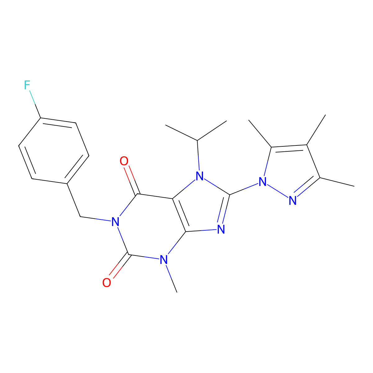 1-(4-fluorobenzyl)-7-isopropyl-3-methyl-8-(3,4,5-trimethyl-1H-pyrazol-1-yl)-1H-purine-2,6(3H,7H)-dione molecular structure, CAS 1014009-03-0