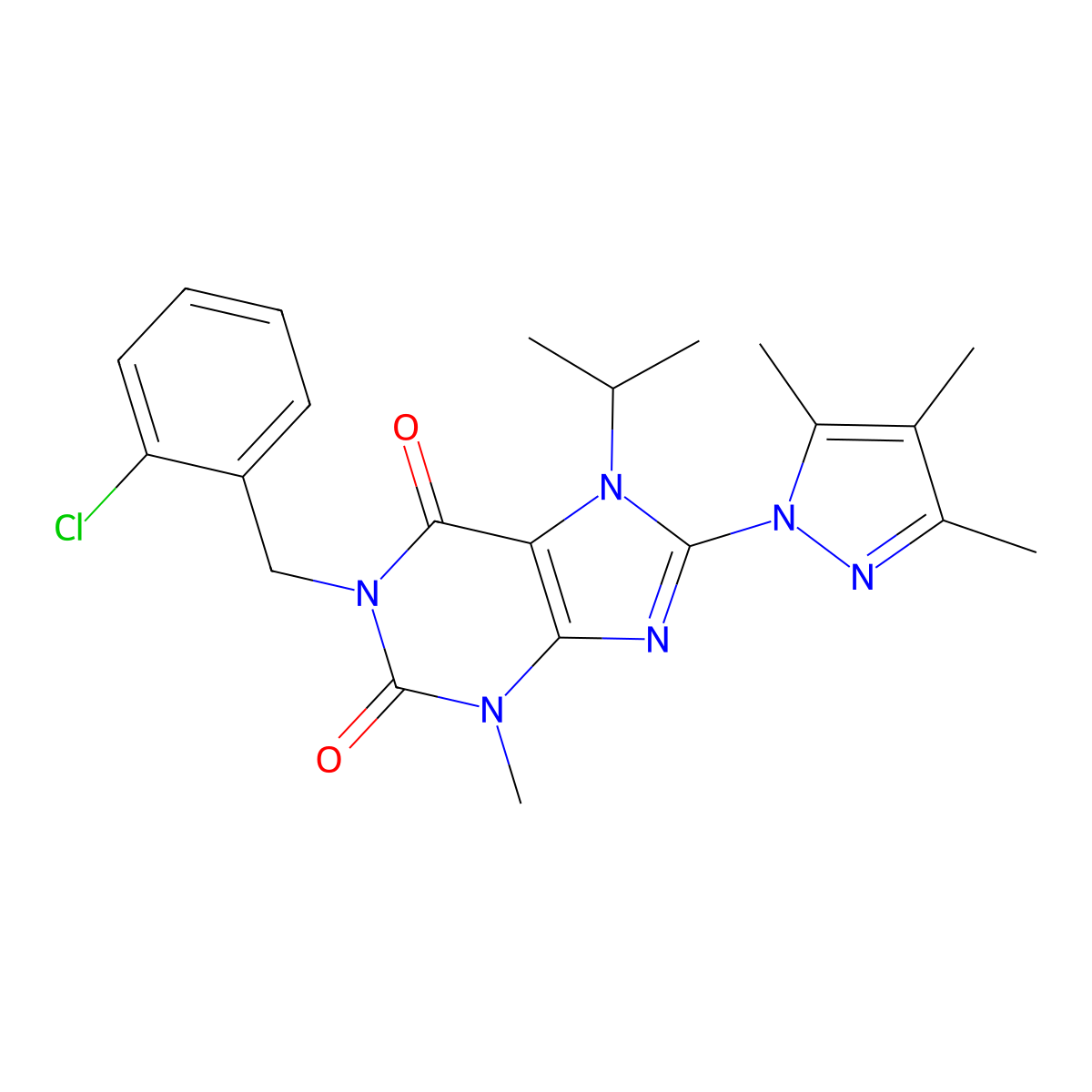 1-[(2-chlorophenyl)methyl]-3-methyl-7-(propan-2-yl)-8-(3,4,5-trimethyl-1H-pyrazol-1-yl)-2,3,6,7-tetrahydro-1H-purine-2,6-dione molecular structure, CAS 1014009-18-7