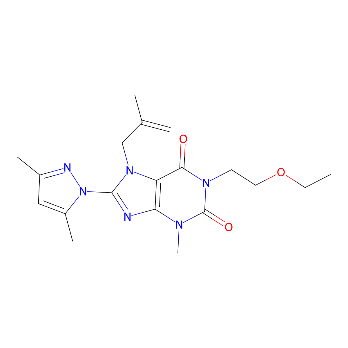 8-(3,5-dimethyl-1H-pyrazol-1-yl)-1-(2-ethoxyethyl)-3-methyl-7-(2-methylprop-2-en-1-yl)-2,3,6,7-tetrahydro-1H-purine-2,6-dione molecular structure, CAS 1014009-27-8