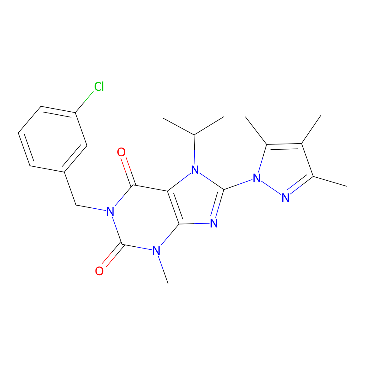 1-(3-chlorobenzyl)-7-isopropyl-3-methyl-8-(3,4,5-trimethyl-1H-pyrazol-1-yl)-1H-purine-2,6(3H,7H)-dione molecular structure, CAS 1014009-28-9