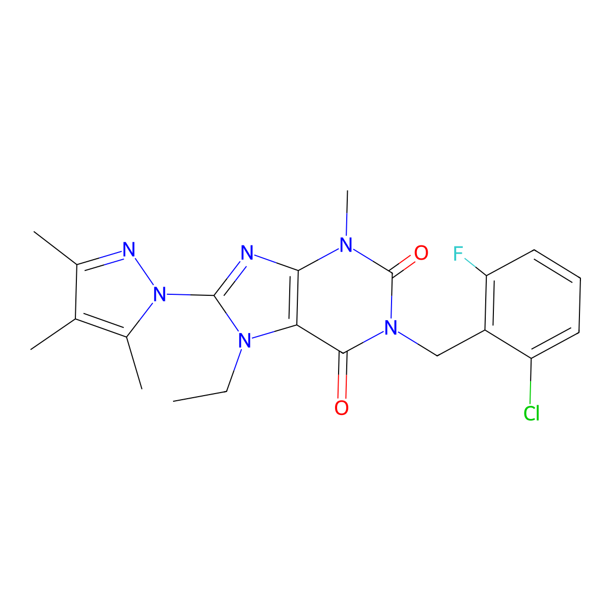 1-(2-chloro-6-fluorobenzyl)-7-ethyl-3-methyl-8-(3,4,5-trimethyl-1H-pyrazol-1-yl)-1H-purine-2,6(3H,7H)-dione molecular structure, CAS 1014009-46-1