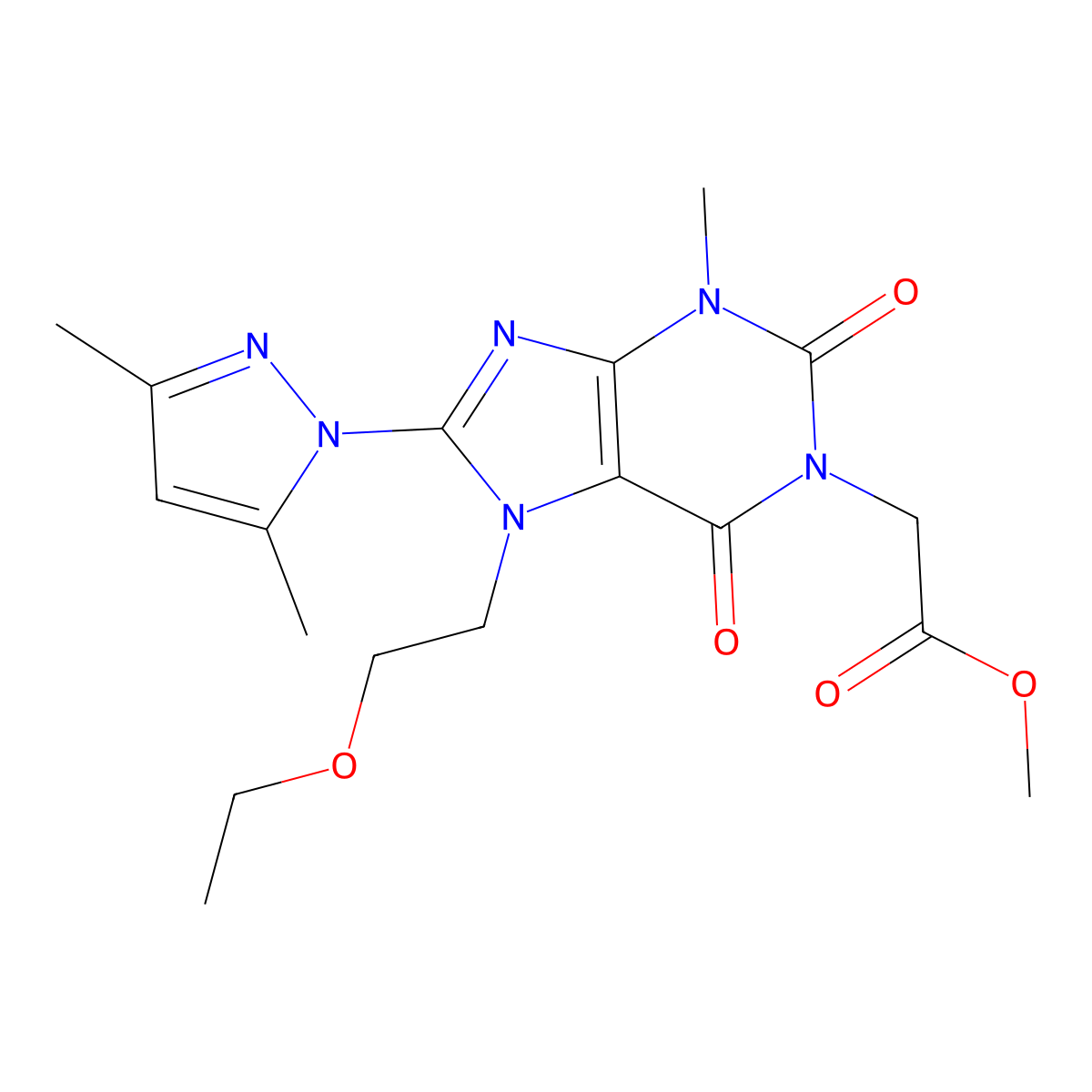 methyl 2-(8-(3,5-dimethyl-1H-pyrazol-1-yl)-7-(2-ethoxyethyl)-3-methyl-2,6-dioxo-2,3,6,7-tetrahydro-1H-purin-1-yl)acetate molecular structure, CAS 1014009-49-4