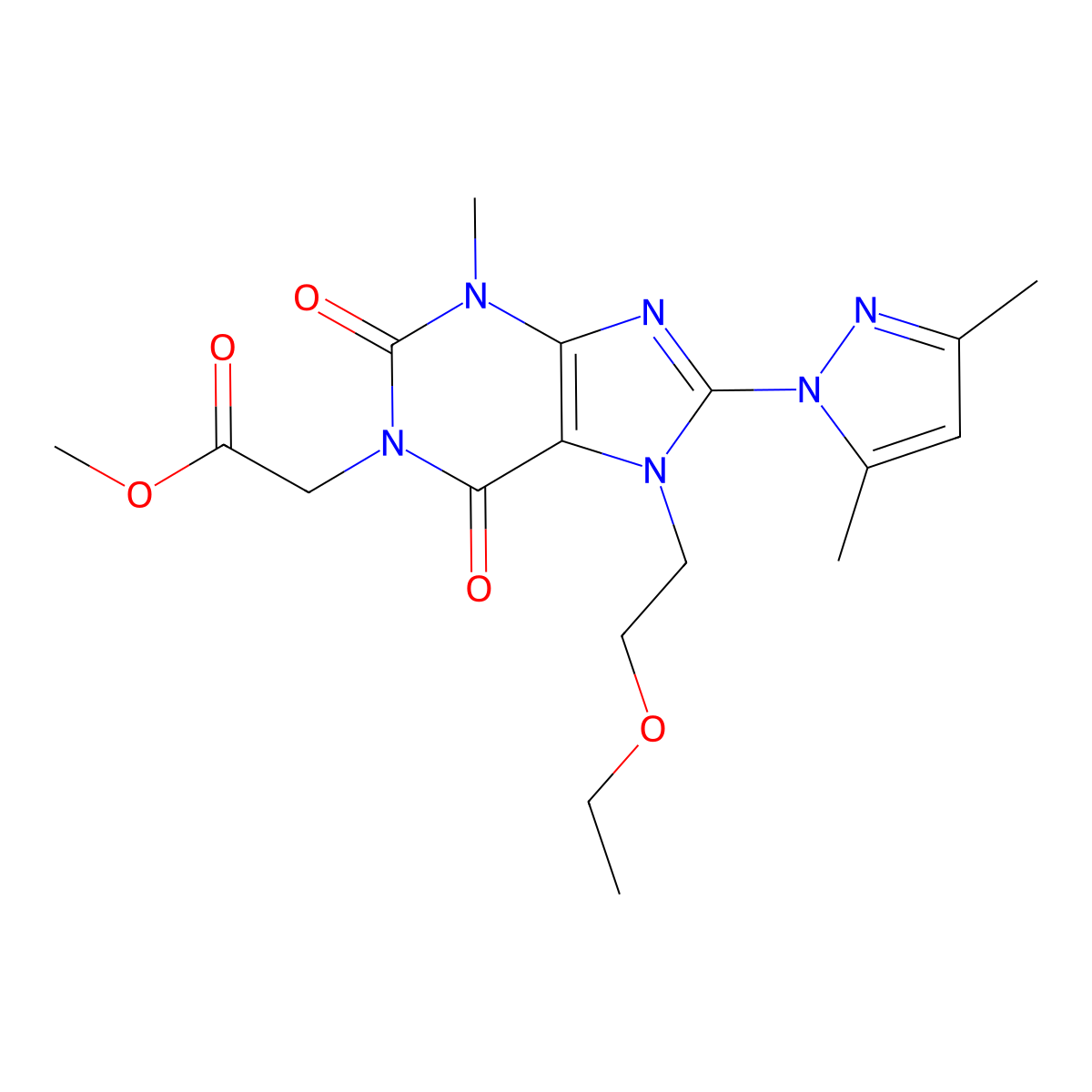 methyl 2-(8-(3,5-dimethyl-1H-pyrazol-1-yl)-7-(2-ethoxyethyl)-3-methyl-2,6-dioxo-2,3,6,7-tetrahydro-1H-purin-1-yl)acetate molecular structure, CAS 1014009-49-4