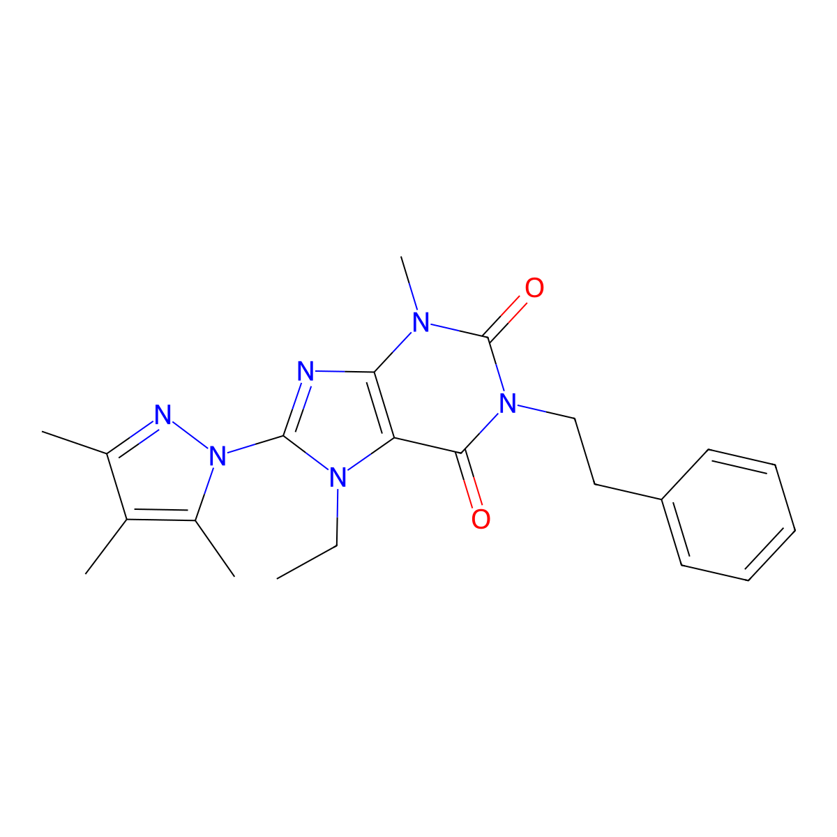 7-Ethyl-3-methyl-1-(2-phenylethyl)-8-(3,4,5-trimethylpyrazolyl)-1,3,7-trihydro purine-2,6-dione molecular structure, CAS 1014009-73-4