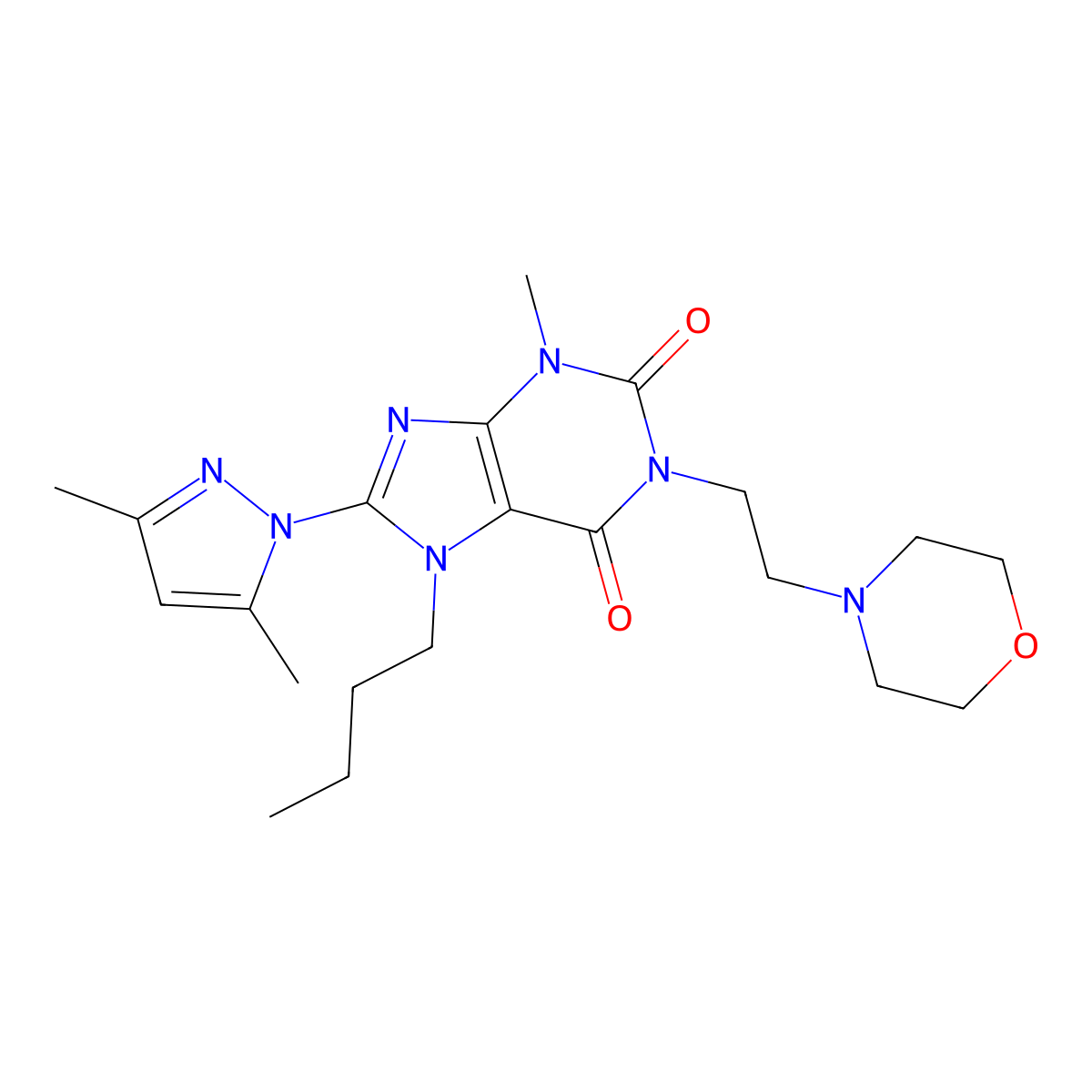 7-butyl-8-(3,5-dimethyl-1H-pyrazol-1-yl)-3-methyl-1-(2-morpholinoethyl)-1H-purine-2,6(3H,7H)-dione molecular structure, CAS 1014009-74-5