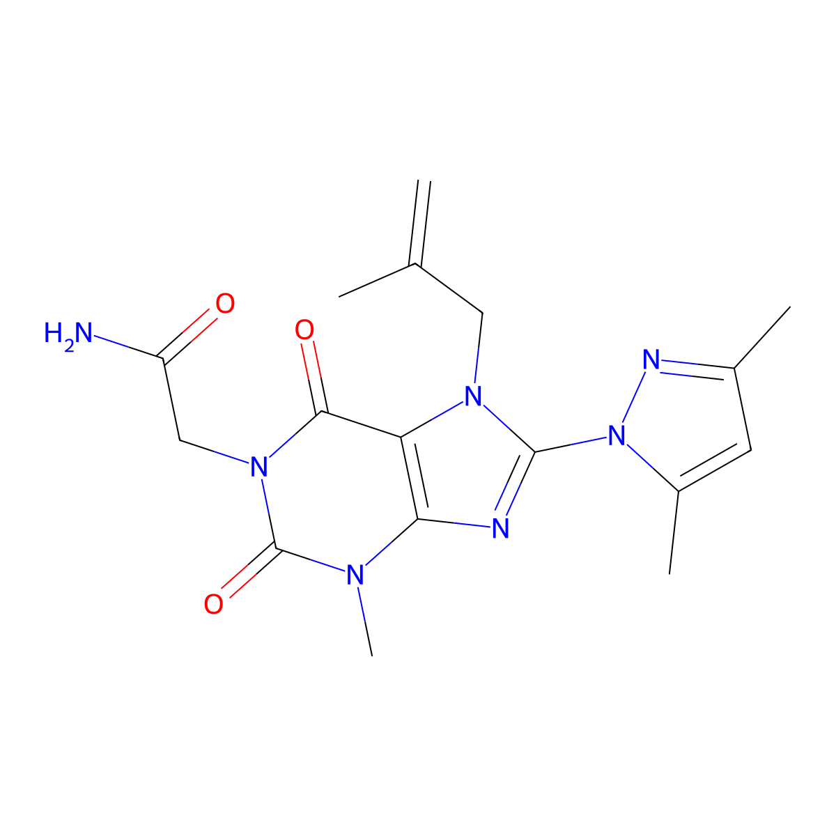 2-[8-(3,5-Dimethylpyrazol-1-yl)-3-methyl-7-(2-methylprop-2-enyl)-2,6-dioxopurin-1-yl]acetamide molecular structure, CAS 1014009-79-0