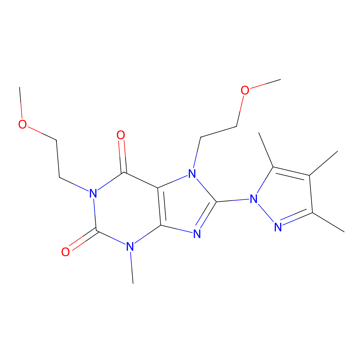 1,7-bis(2-methoxyethyl)-3-methyl-8-(3,4,5-trimethyl-1H-pyrazol-1-yl)-1H-purine-2,6(3H,7H)-dione molecular structure, CAS 1014009-88-1