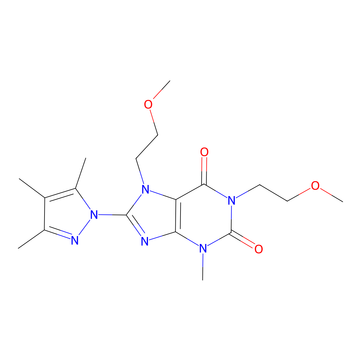 1,7-bis(2-methoxyethyl)-3-methyl-8-(3,4,5-trimethyl-1H-pyrazol-1-yl)-1H-purine-2,6(3H,7H)-dione molecular structure, CAS 1014009-88-1