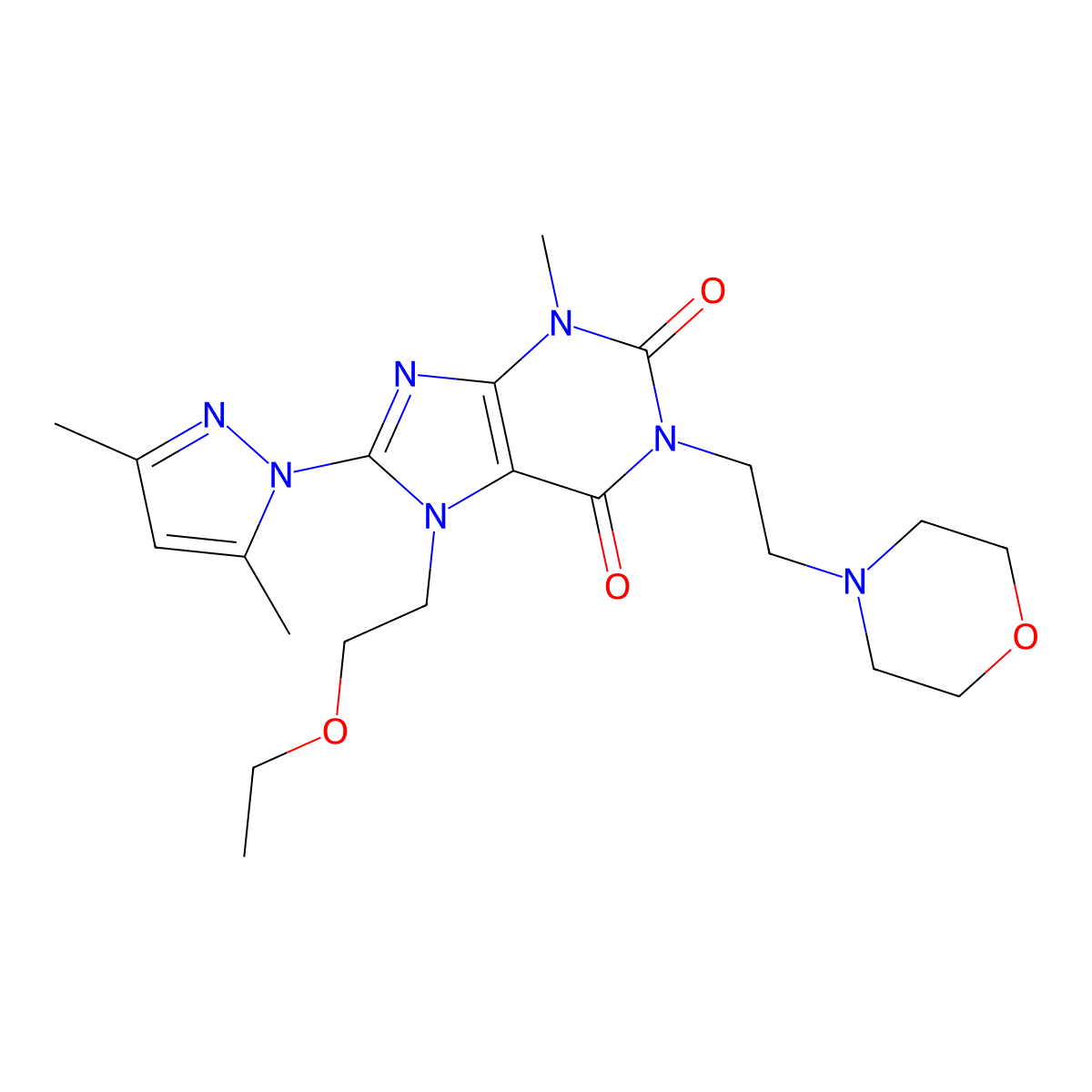 8-(3,5-Dimethylpyrazolyl)-7-(2-ethoxyethyl)-3-methyl-1-(2-morpholin-4-ylethyl)-1,3,7-trihydropurine-2,6-dione molecular structure, CAS 1014010-13-9