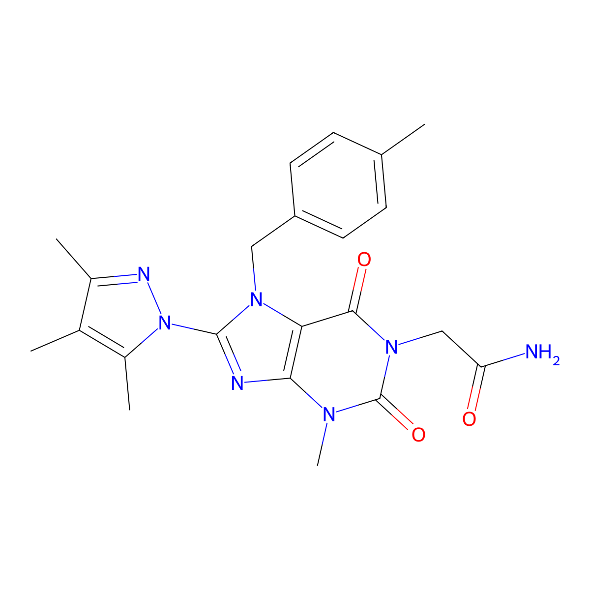 2-{3-Methyl-7-[(4-methylphenyl)methyl]-2,6-dioxo-8-(3,4,5-trimethylpyrazolyl)-1,3,7-trihydropurinyl}acetamide molecular structure, CAS 1014010-15-1