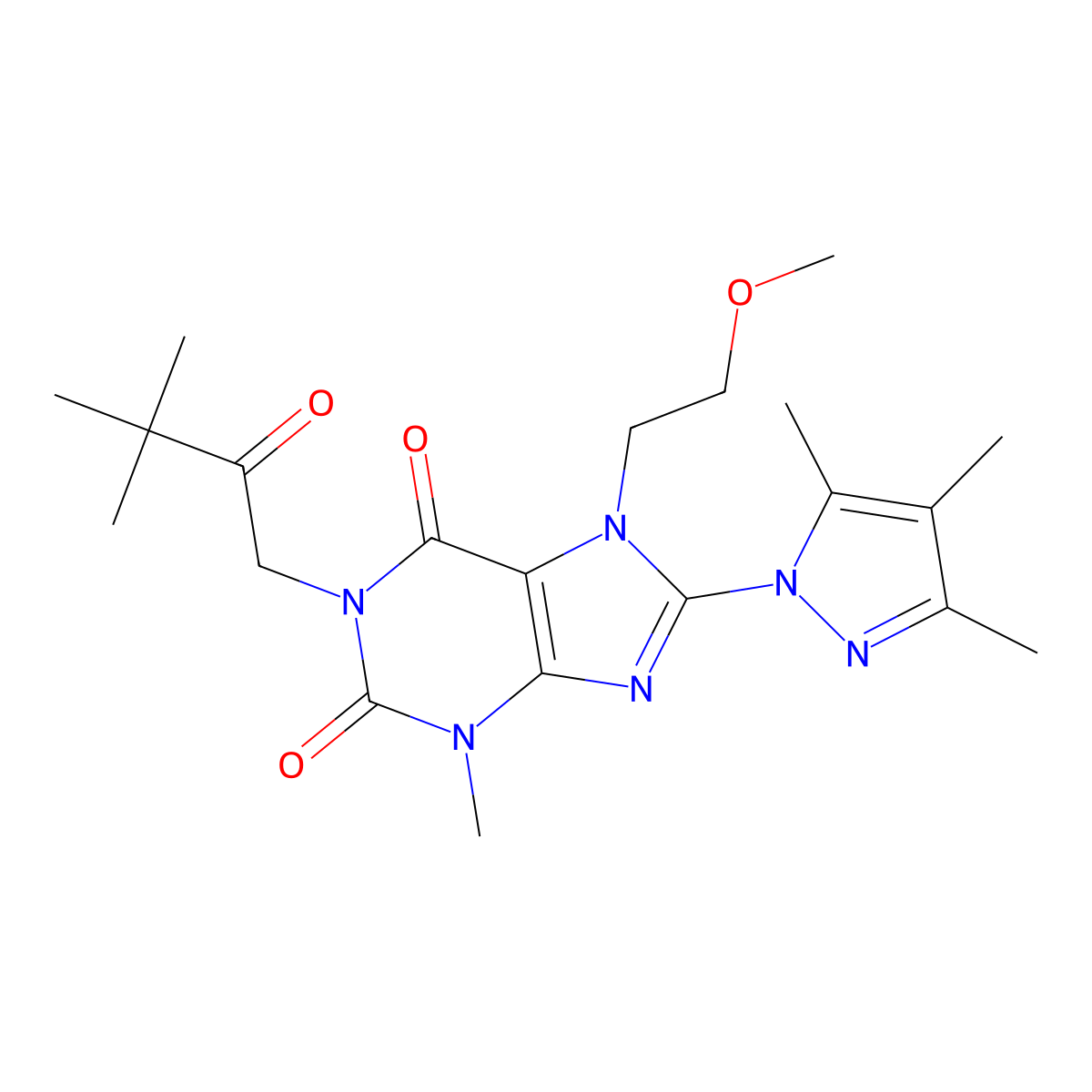 1-(3,3-dimethyl-2-oxobutyl)-7-(2-methoxyethyl)-3-methyl-8-(3,4,5-trimethyl-1H-pyrazol-1-yl)-1H-purine-2,6(3H,7H)-dione molecular structure, CAS 1014010-18-4
