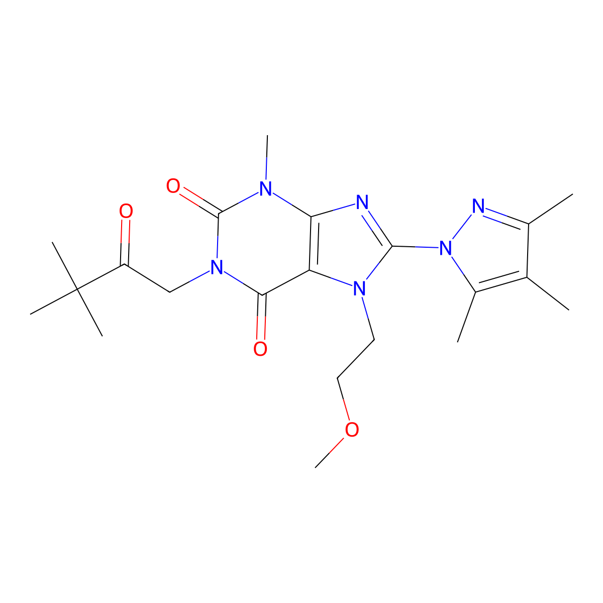 1-(3,3-dimethyl-2-oxobutyl)-7-(2-methoxyethyl)-3-methyl-8-(3,4,5-trimethyl-1H-pyrazol-1-yl)-1H-purine-2,6(3H,7H)-dione molecular structure, CAS 1014010-18-4