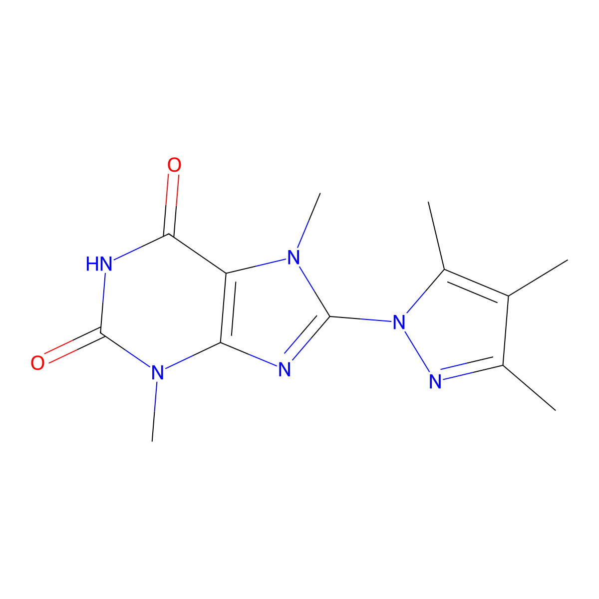 3,7-Dimethyl-8-(3,4,5-trimethylpyrazolyl)-1,3,7-trihydropurine-2,6-dione molecular structure, CAS 1014010-27-5