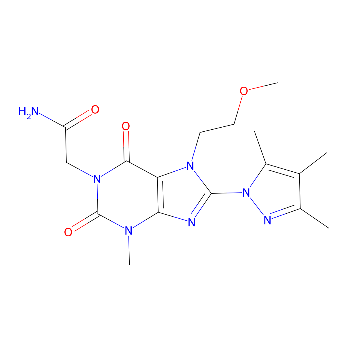 2-[7-(2-methoxyethyl)-3-methyl-2,6-dioxo-8-(3,4,5-trimethyl-1H-pyrazol-1-yl)-2,3,6,7-tetrahydro-1H-purin-1-yl]acetamide molecular structure, CAS 1014010-48-0