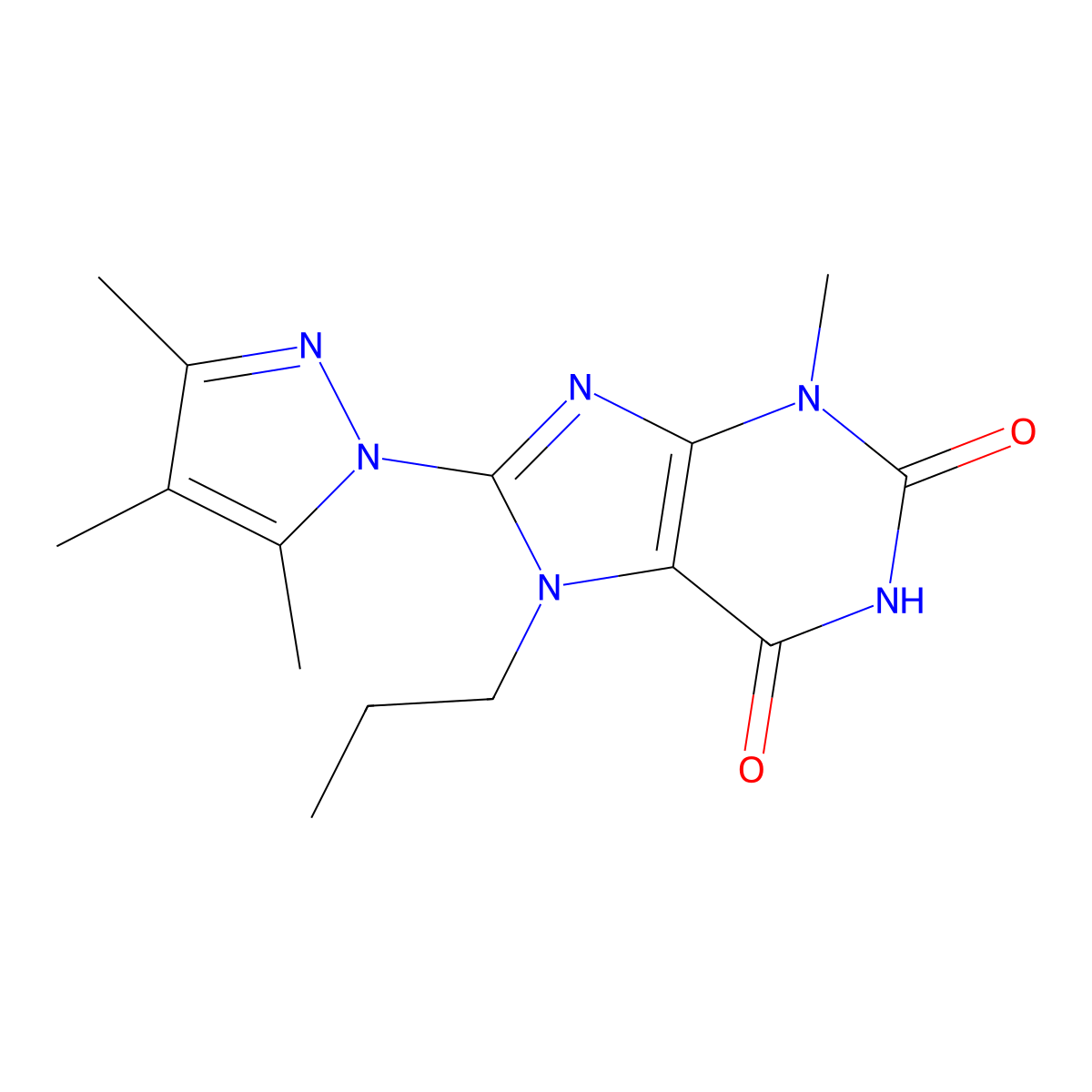 3-Methyl-7-propyl-8-(3,4,5-trimethylpyrazolyl)-1,3,7-trihydropurine-2,6-dione molecular structure, CAS 1014010-60-6