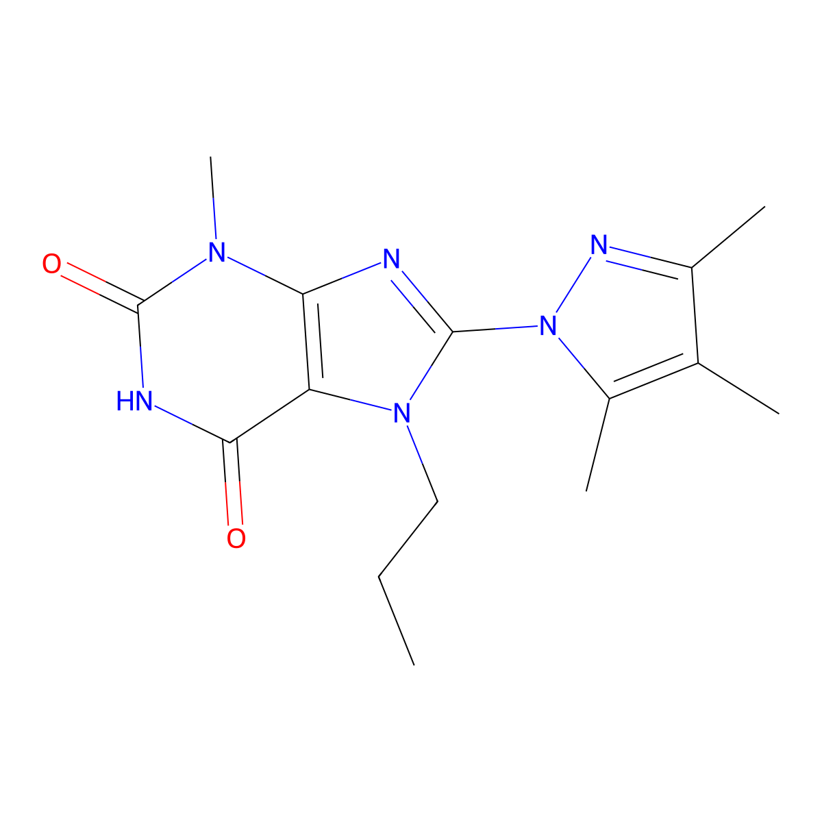 3-Methyl-7-propyl-8-(3,4,5-trimethylpyrazolyl)-1,3,7-trihydropurine-2,6-dione molecular structure, CAS 1014010-60-6