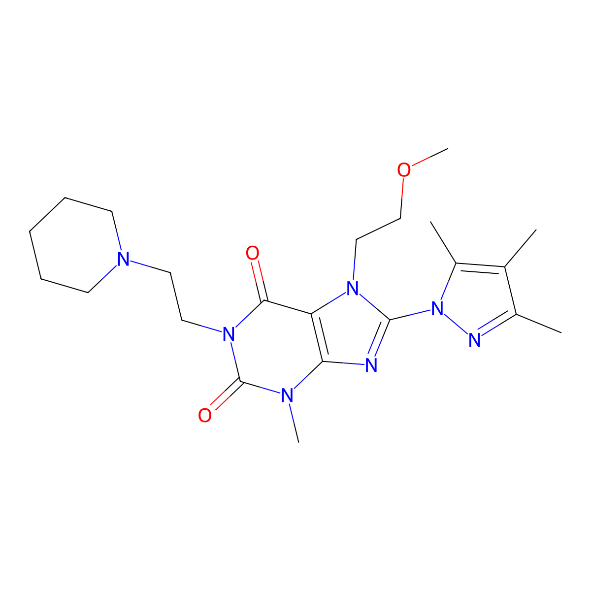 7-(2-methoxyethyl)-3-methyl-1-(2-(piperidin-1-yl)ethyl)-8-(3,4,5-trimethyl-1H-pyrazol-1-yl)-1H-purine-2,6(3H,7H)-dione molecular structure, CAS 1014010-64-0
