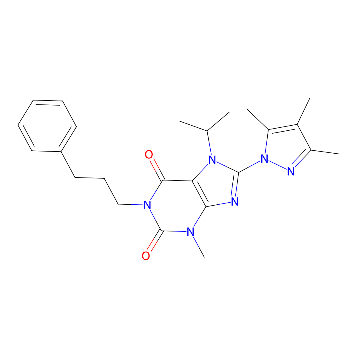 7-isopropyl-3-methyl-1-(3-phenylpropyl)-8-(3,4,5-trimethyl-1H-pyrazol-1-yl)-1H-purine-2,6(3H,7H)-dione molecular structure, CAS 1014010-72-0