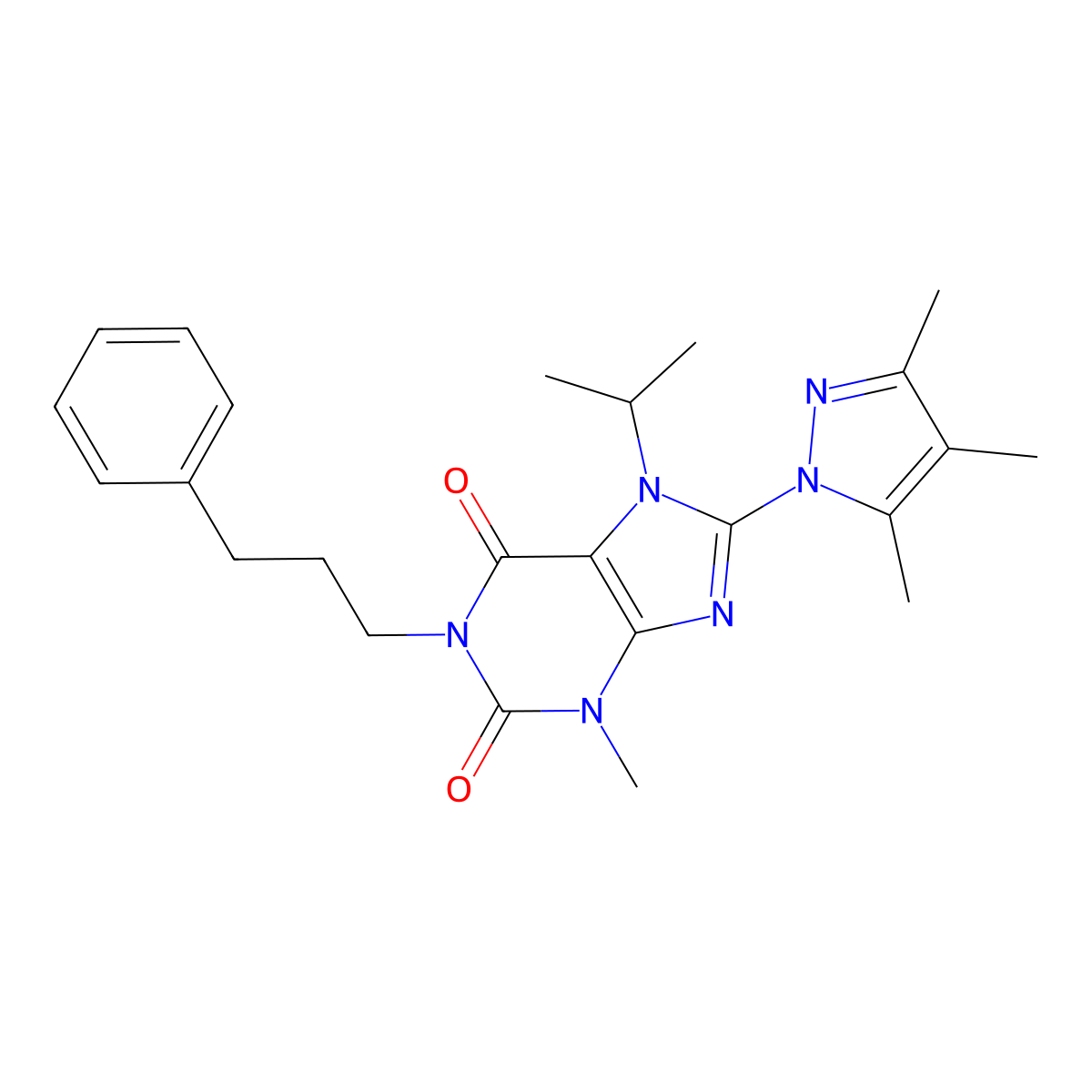 7-isopropyl-3-methyl-1-(3-phenylpropyl)-8-(3,4,5-trimethyl-1H-pyrazol-1-yl)-1H-purine-2,6(3H,7H)-dione molecular structure, CAS 1014010-72-0