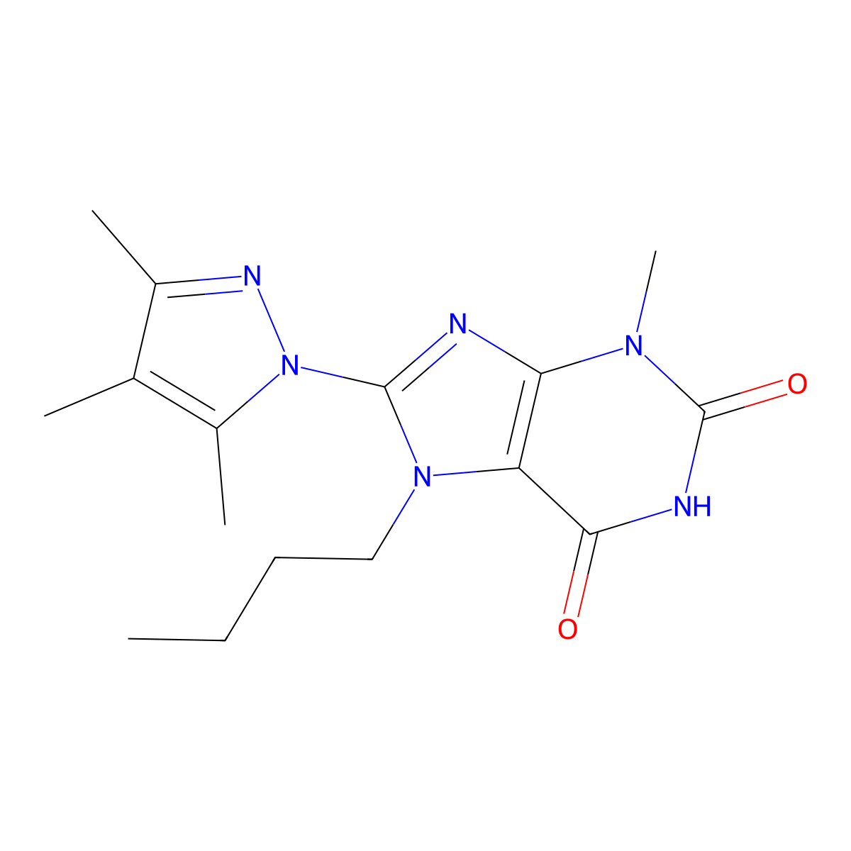 7-Butyl-3-methyl-8-(3,4,5-trimethylpyrazolyl)-1,3,7-trihydropurine-2,6-dione molecular structure, CAS 1014010-73-1