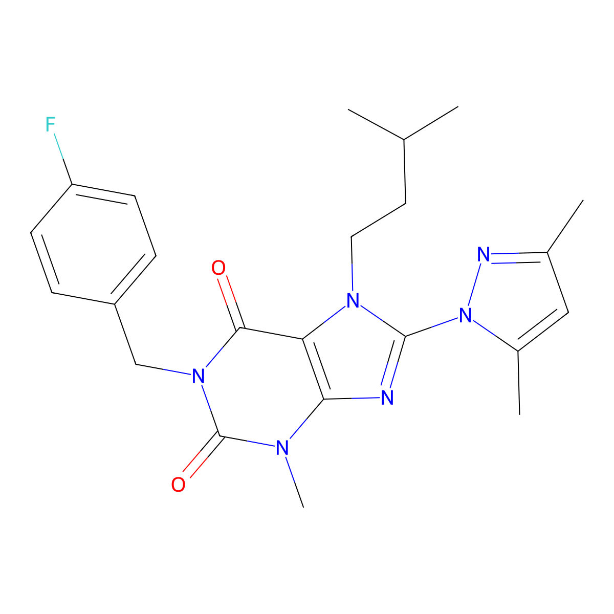 8-(3,5-dimethyl-1H-pyrazol-1-yl)-1-(4-fluorobenzyl)-7-isopentyl-3-methyl-1H-purine-2,6(3H,7H)-dione molecular structure, CAS 1014010-82-2