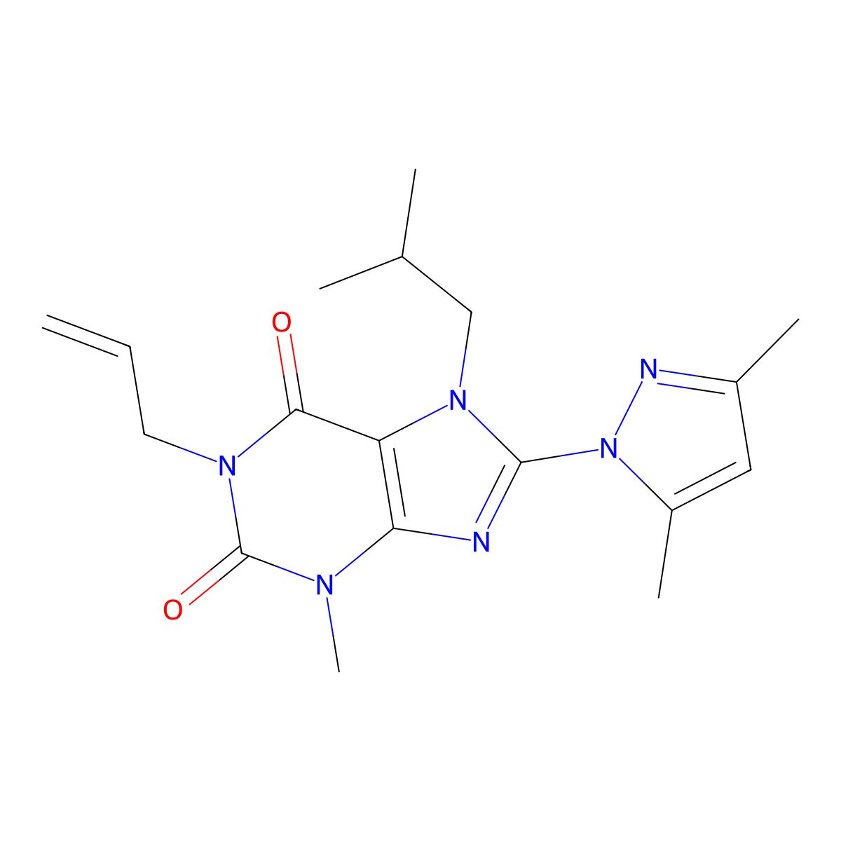 8-(3,5-Dimethylpyrazolyl)-3-methyl-7-(2-methylpropyl)-1-prop-2-enyl-1,3,7-trih ydropurine-2,6-dione molecular structure, CAS 1014010-87-7