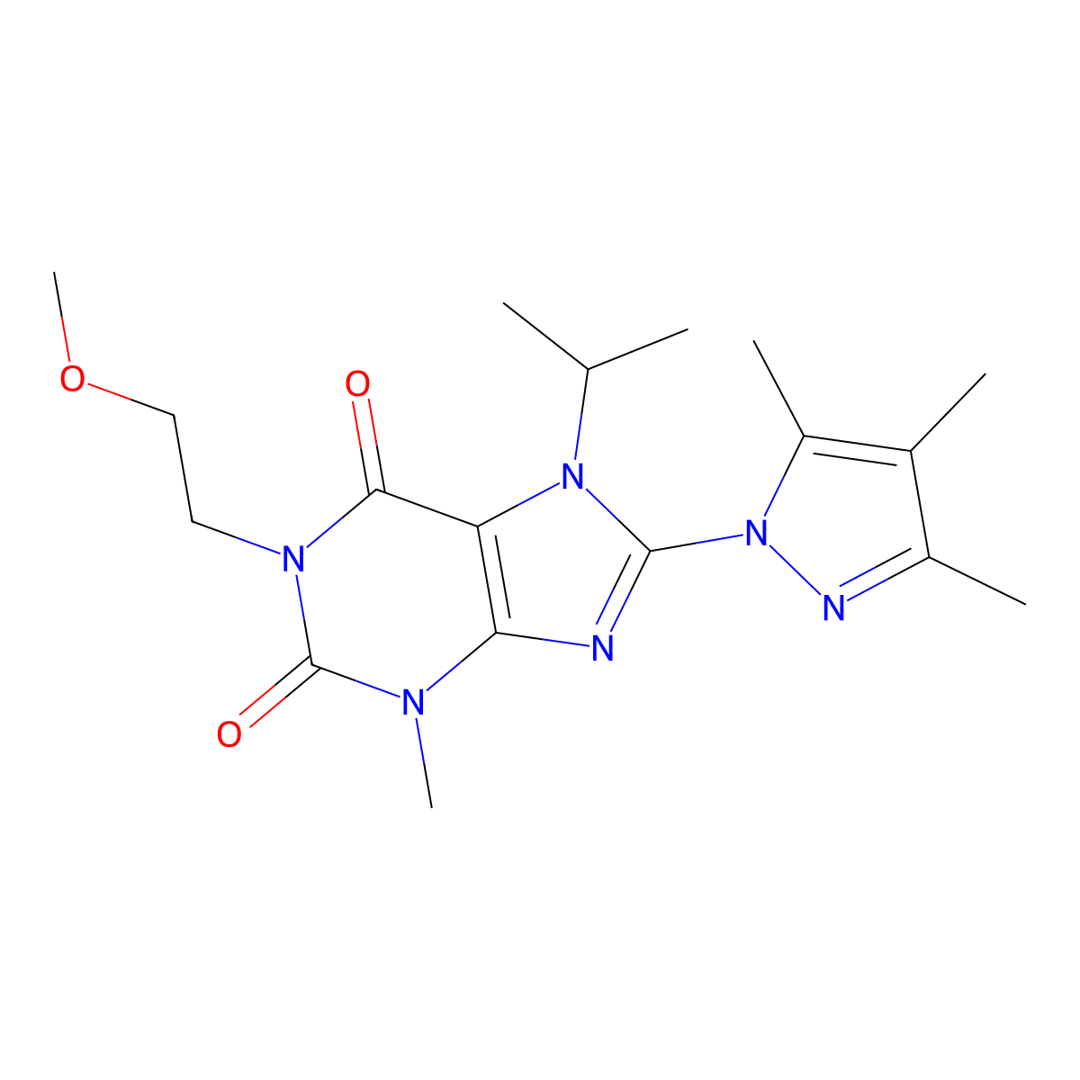 7-isopropyl-1-(2-methoxyethyl)-3-methyl-8-(3,4,5-trimethyl-1H-pyrazol-1-yl)-1H-purine-2,6(3H,7H)-dione molecular structure, CAS 1014010-91-3