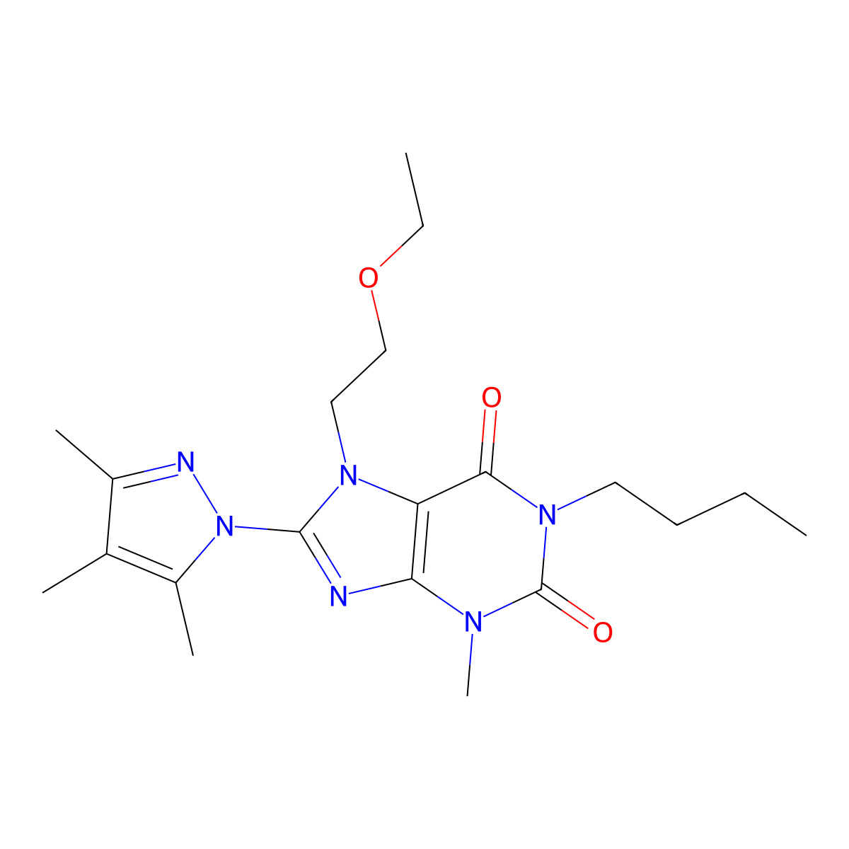 1-Butyl-7-(2-ethoxyethyl)-3-methyl-8-(3,4,5-trimethylpyrazolyl)-1,3,7-trihydro purine-2,6-dione molecular structure, CAS 1014010-95-7