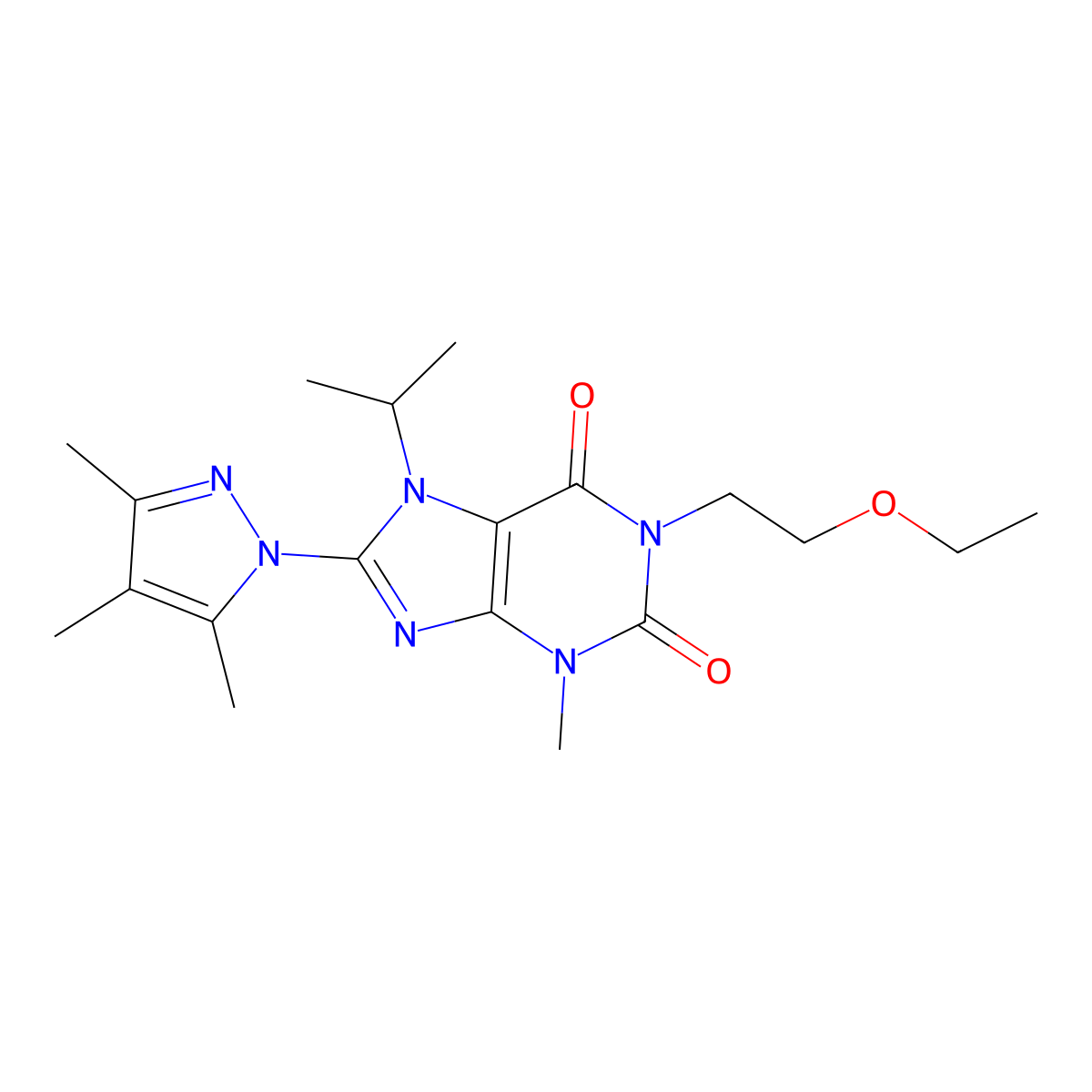 1-(2-Ethoxyethyl)-3-methyl-7-propan-2-yl-8-(3,4,5-trimethylpyrazol-1-yl)purine-2,6-dione molecular structure, CAS 1014010-99-1