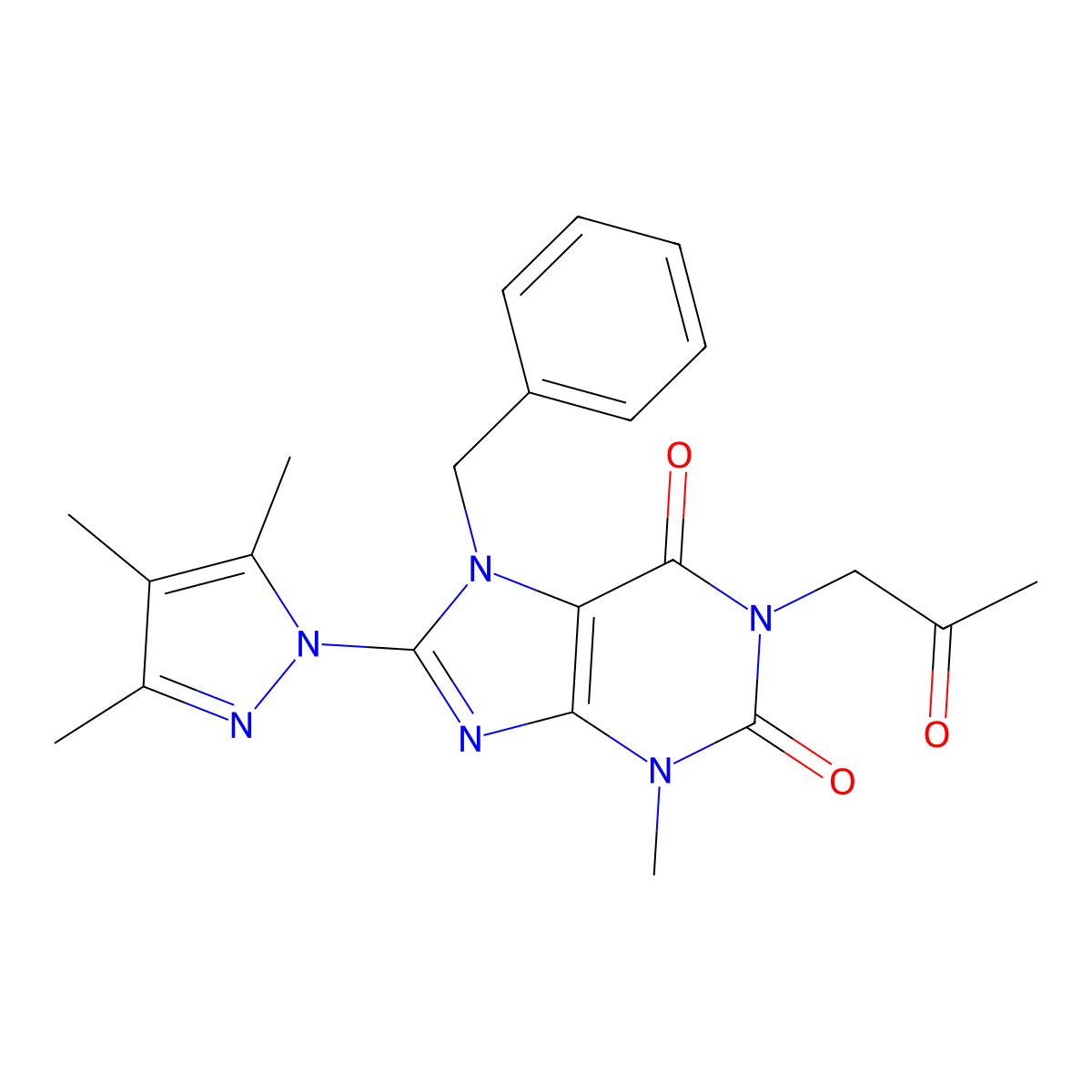 3-Methyl-1-(2-oxopropyl)-7-benzyl-8-(3,4,5-trimethylpyrazolyl)-1,3,7-trihydrop urine-2,6-dione molecular structure, CAS 1014011-05-2